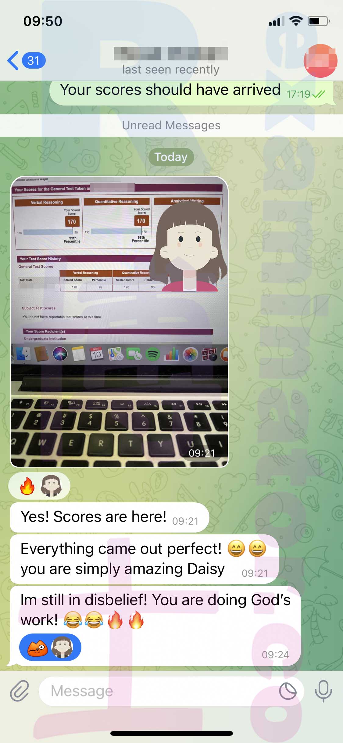 GRE代考保分成功案例#485的与客户对话截图