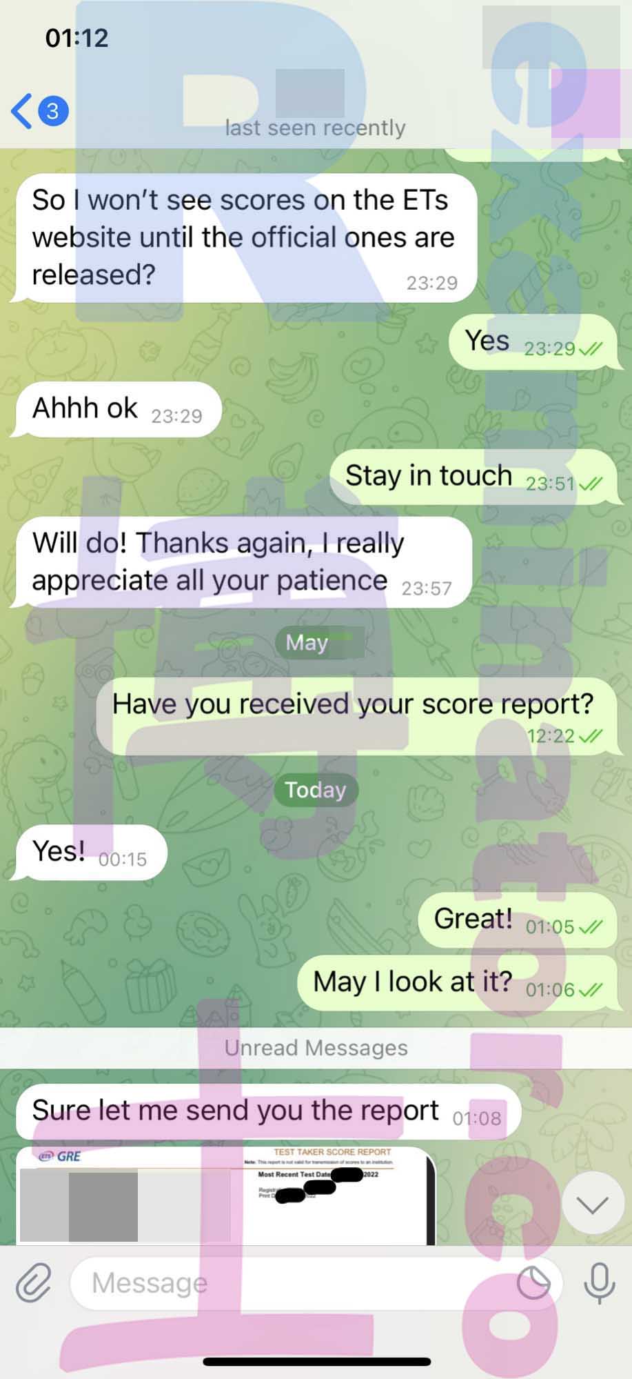 GRE代考保分成功案例#308的与客户对话截图