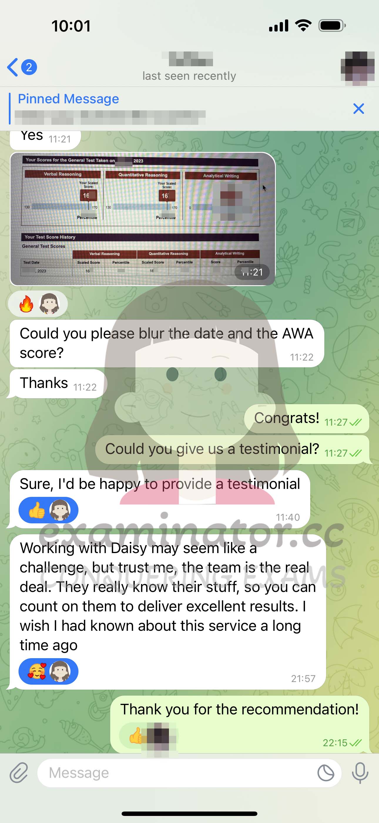GRE代考保分成功案例#588的与客户对话截图