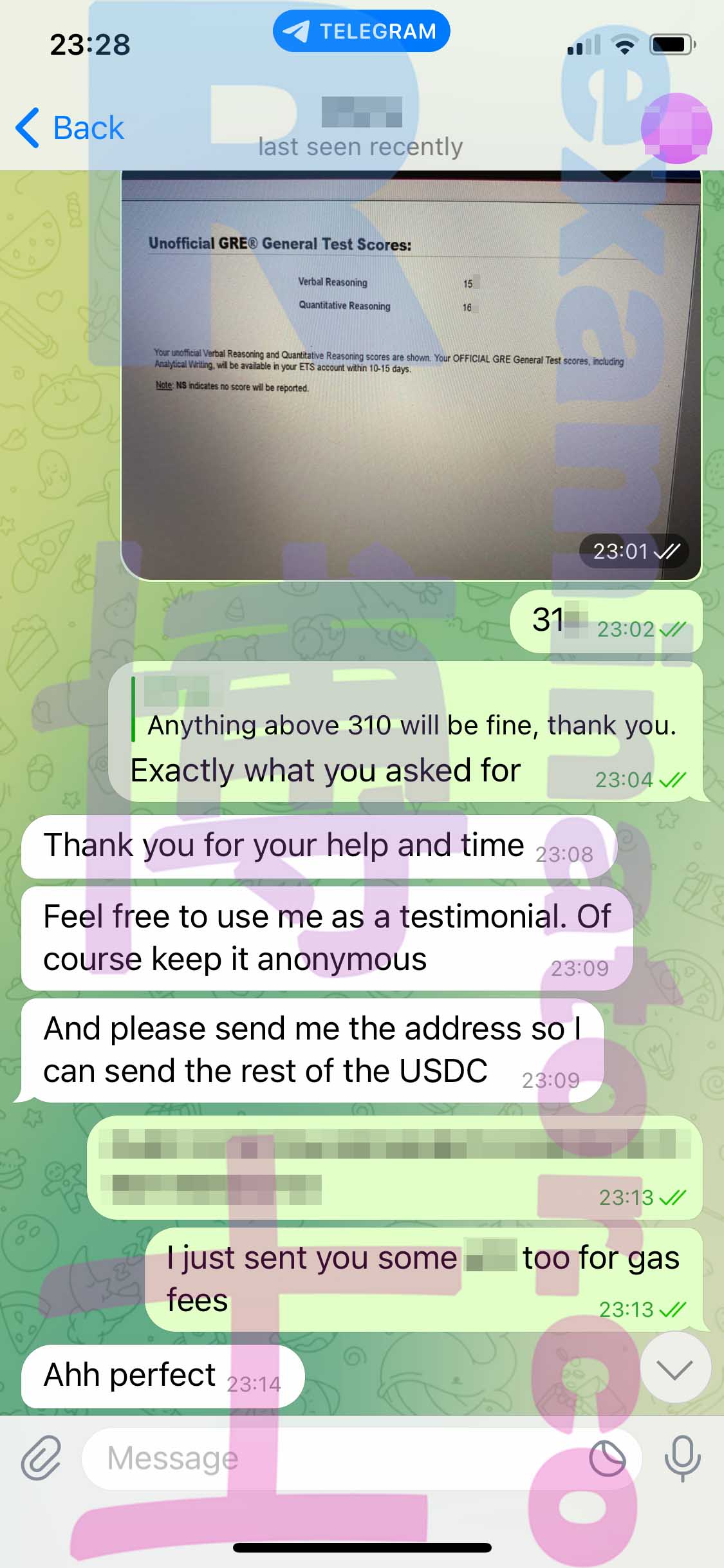 GRE代考保分成功案例#382的与客户对话截图