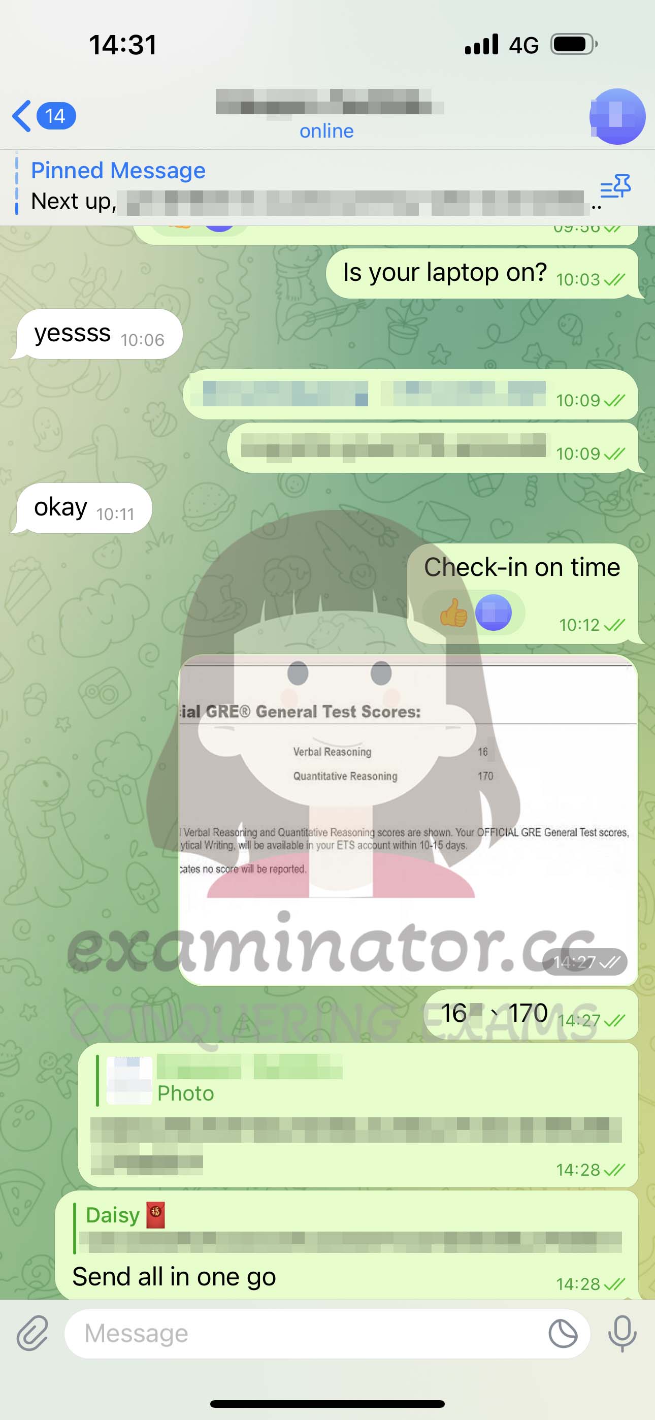 GRE代考保分成功案例#558的与客户对话截图