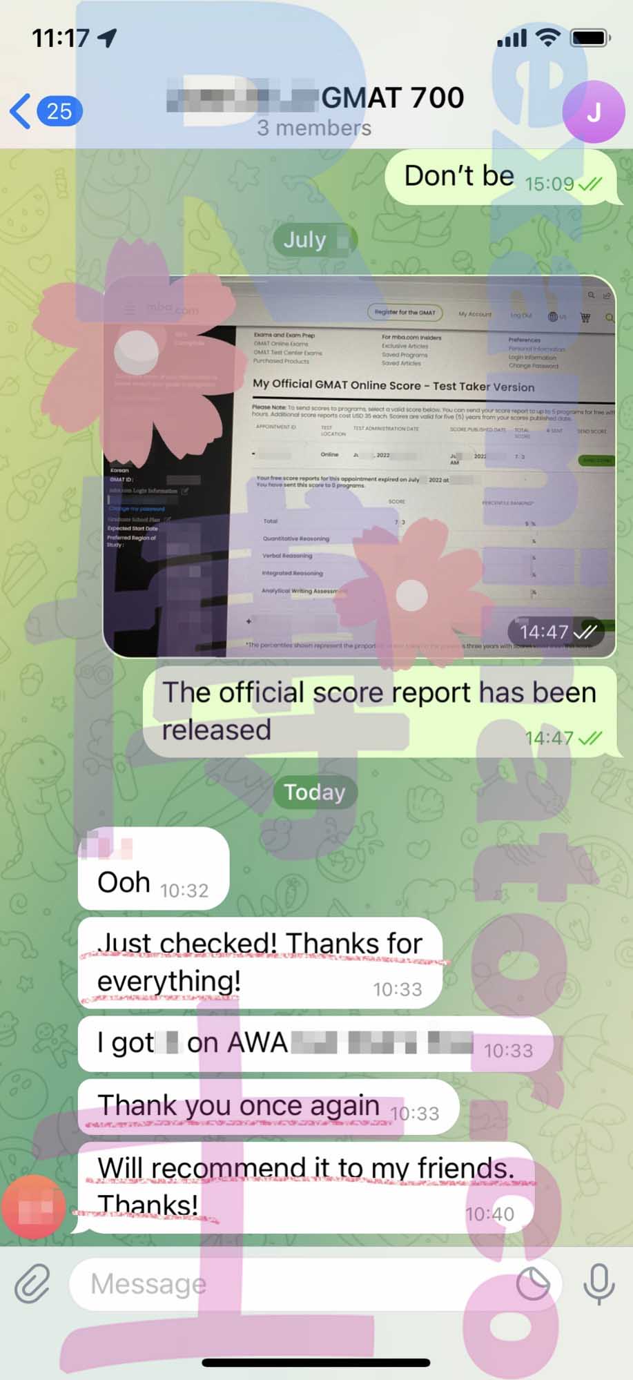 GMAT代考保分成功案例#343的与客户对话截图