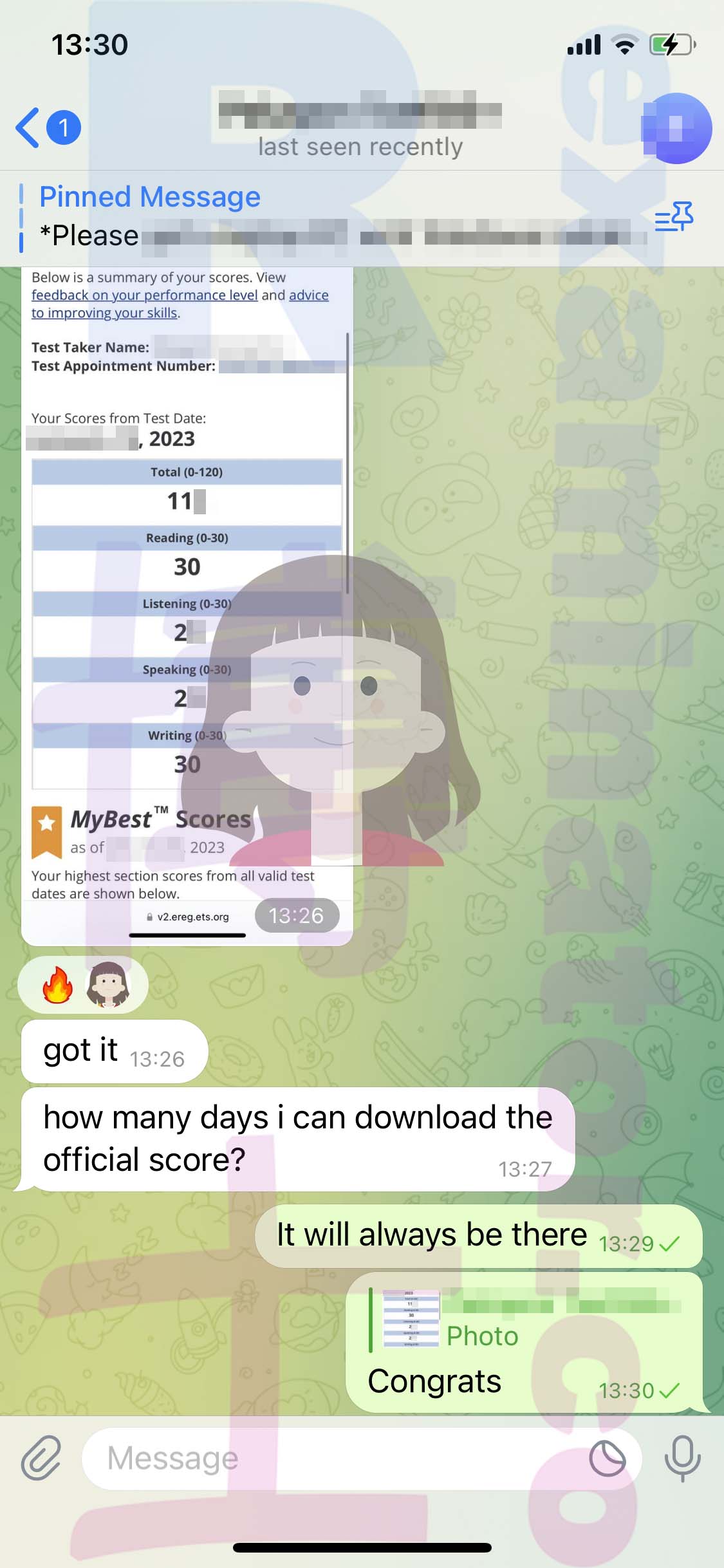 托福代考保分成功案例#542的与客户对话截图