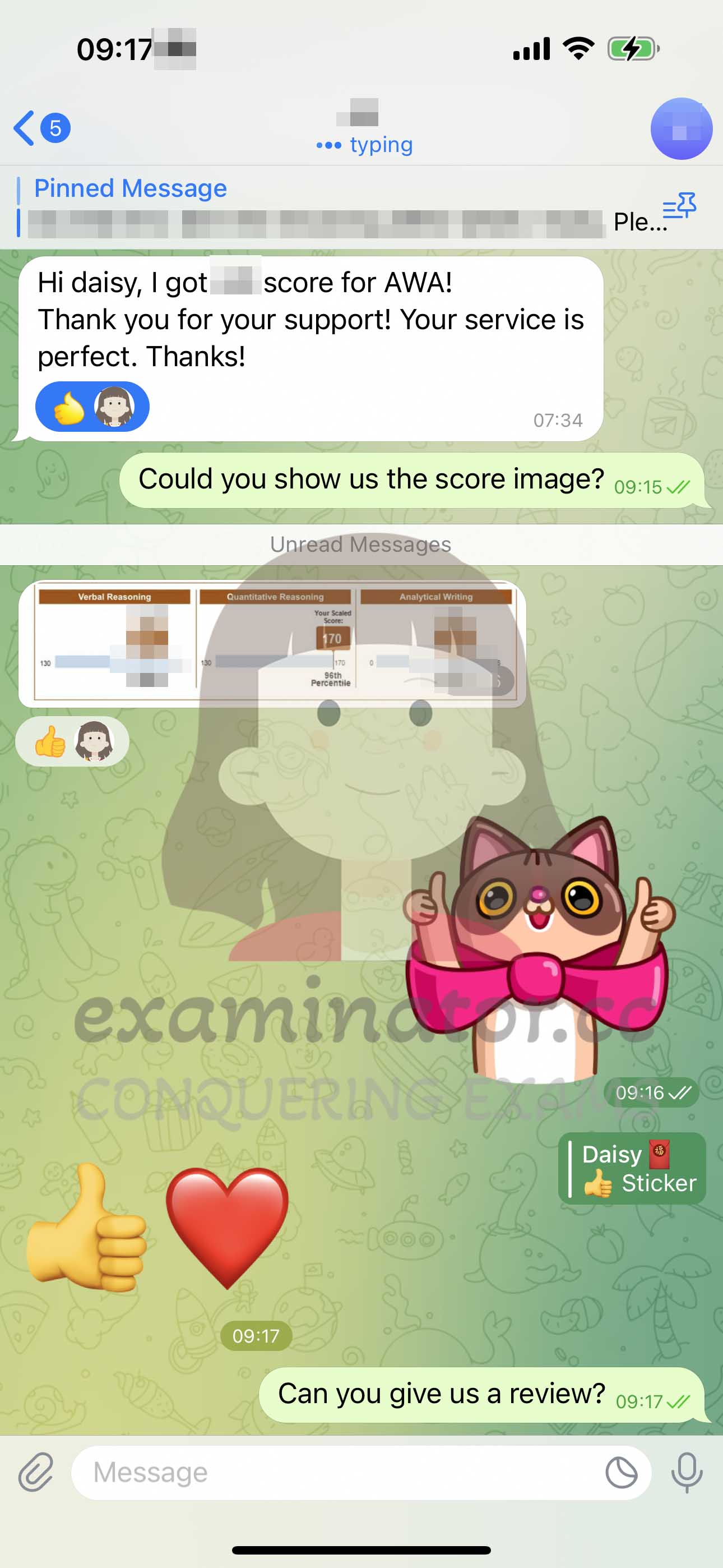 GRE代考保分成功案例#604的与客户对话截图