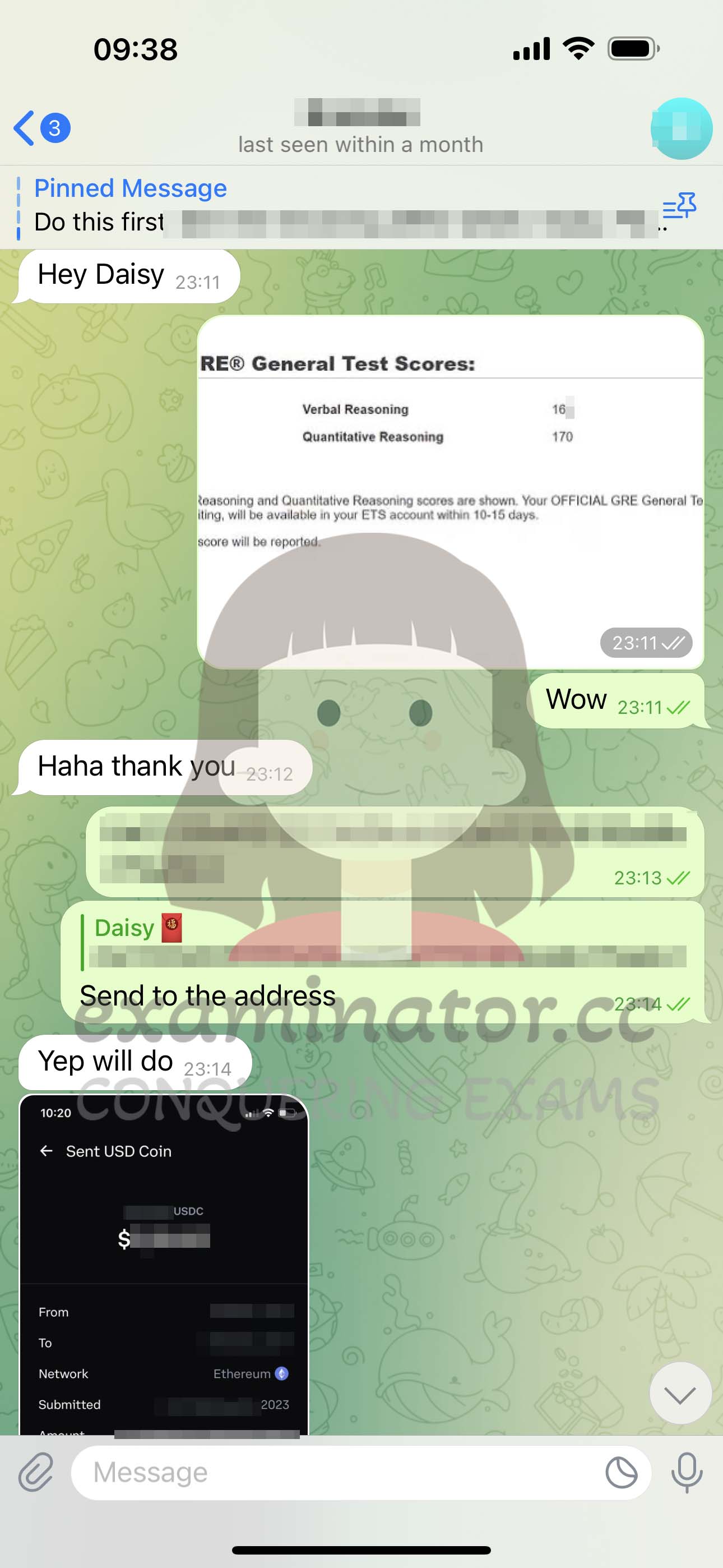 GRE代考保分成功案例#586的与客户对话截图