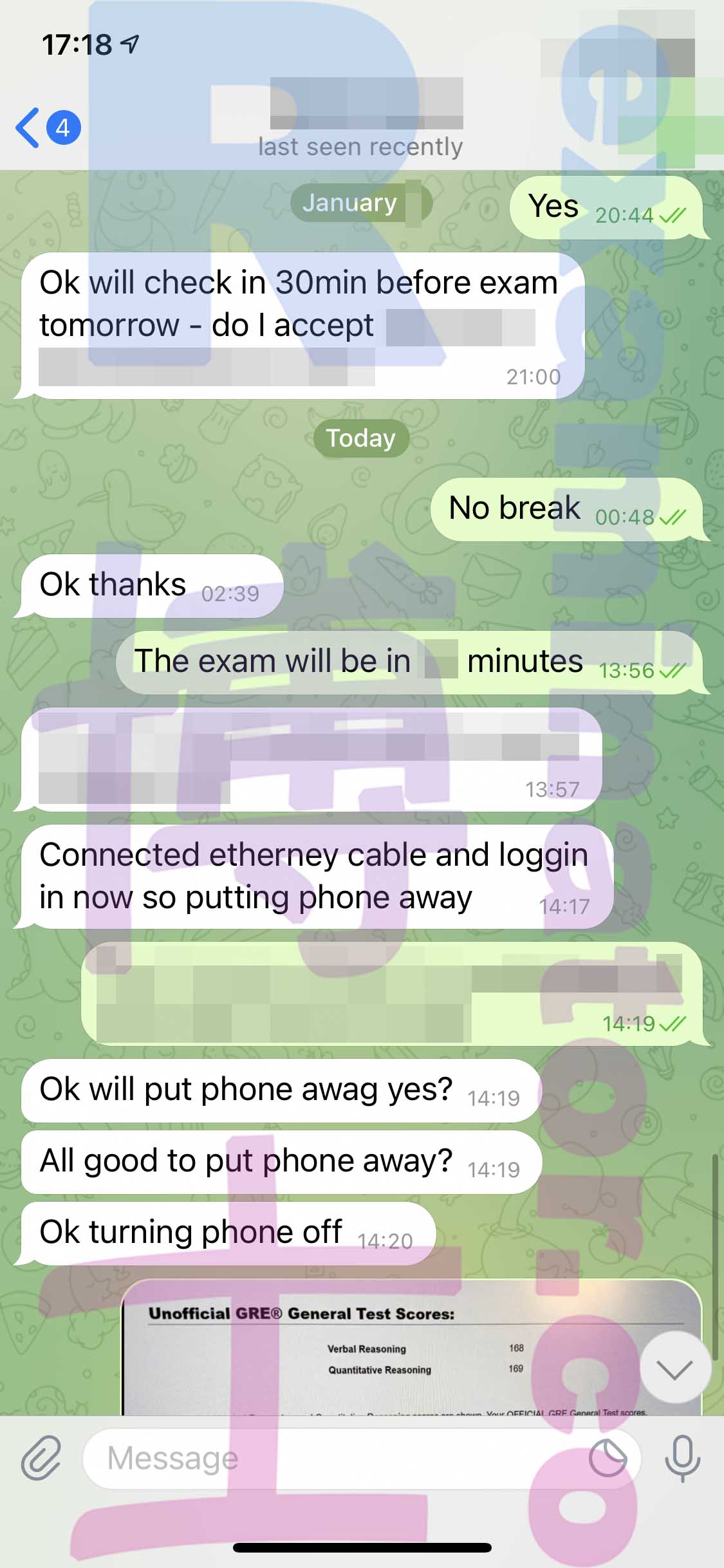 GRE代考保分成功案例#260的与客户对话截图