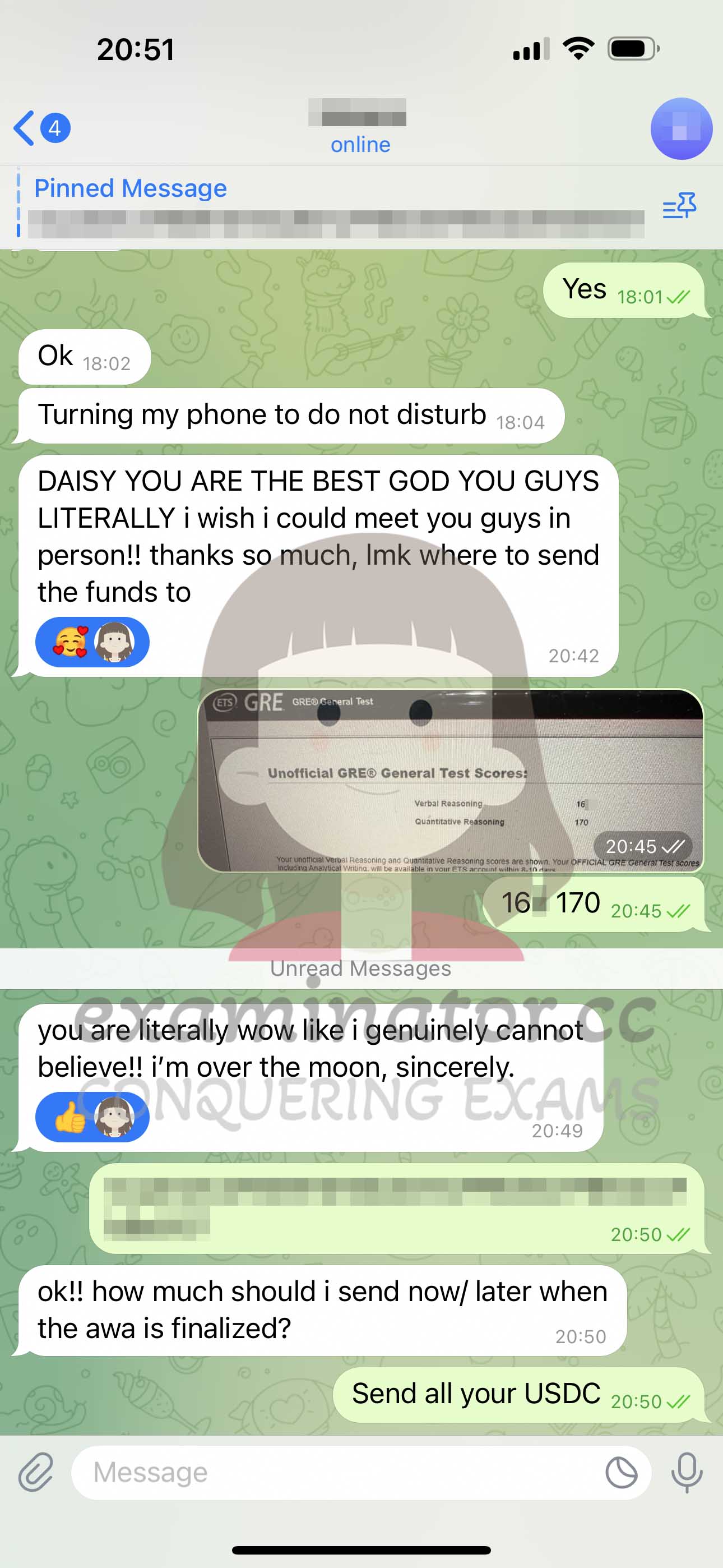 GRE代考保分成功案例#611的与客户对话截图