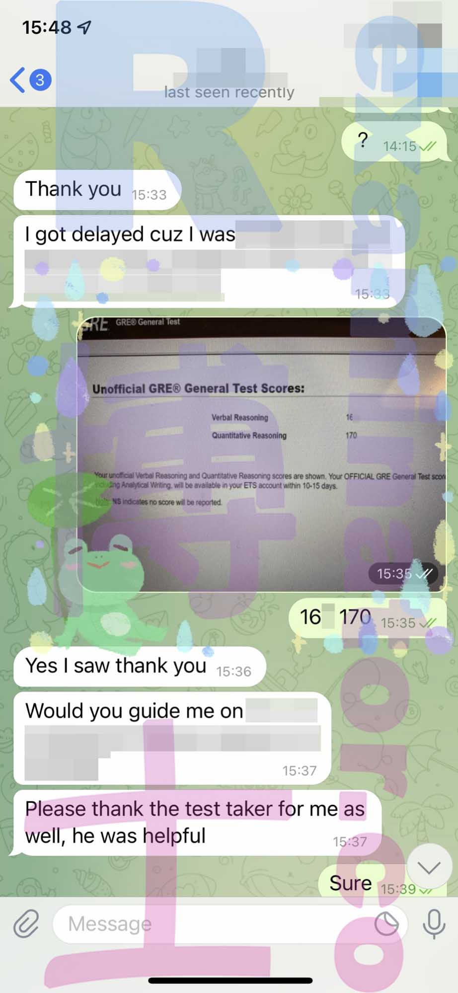 GRE代考保分成功案例#318的与客户对话截图