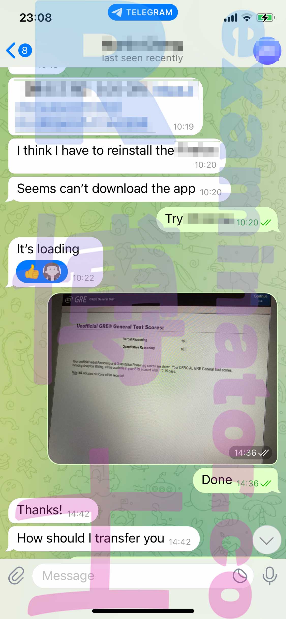 GRE代考保分成功案例#411的与客户对话截图