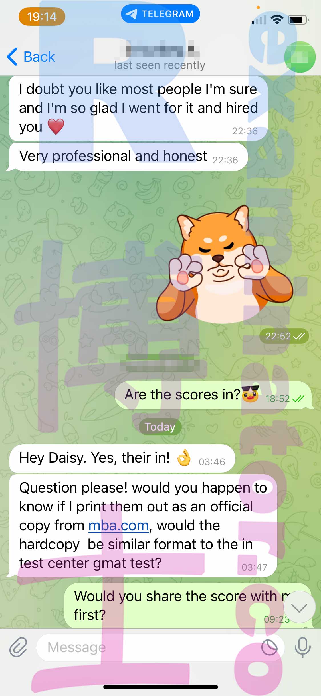 GMAT代考保分成功案例#434的与客户对话截图