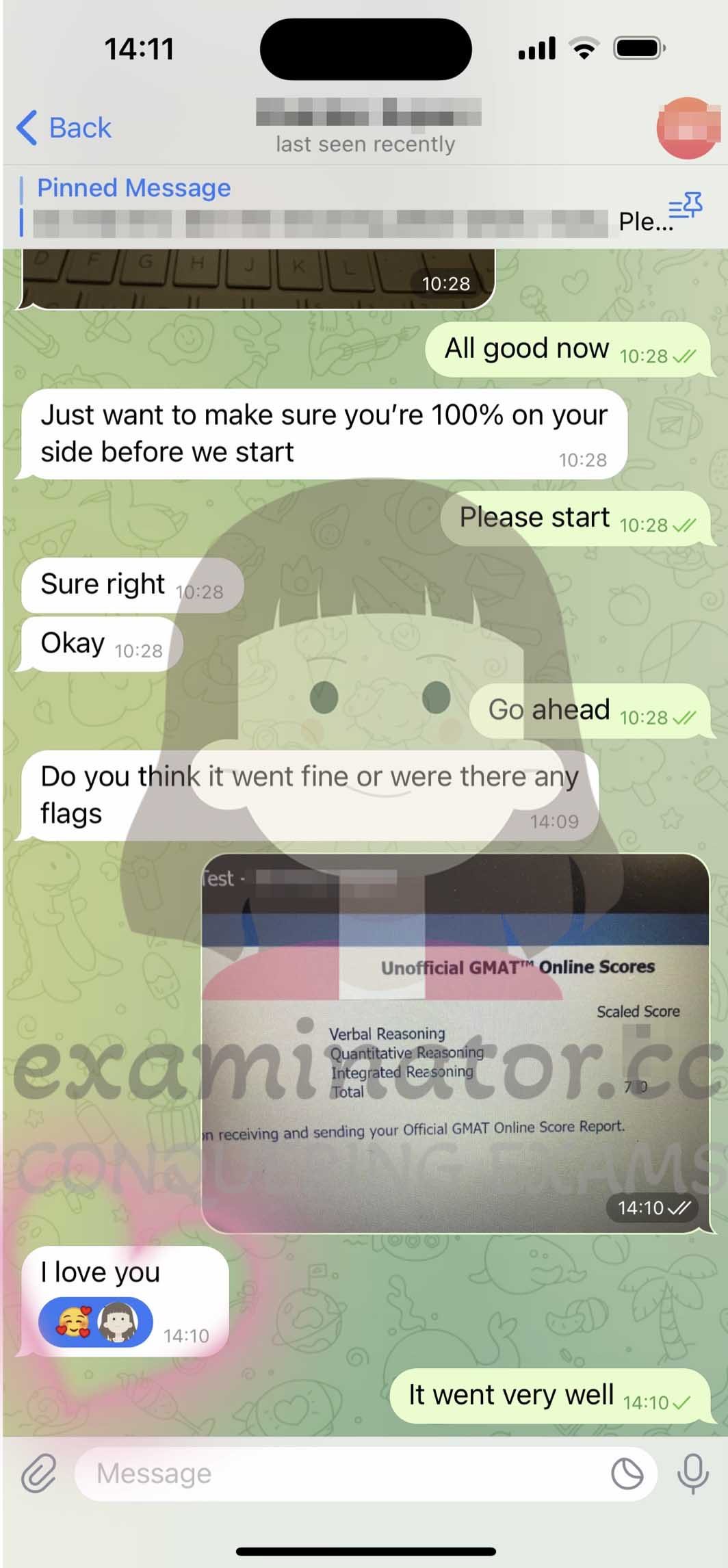 GMAT代考保分成功案例#608的与客户对话截图