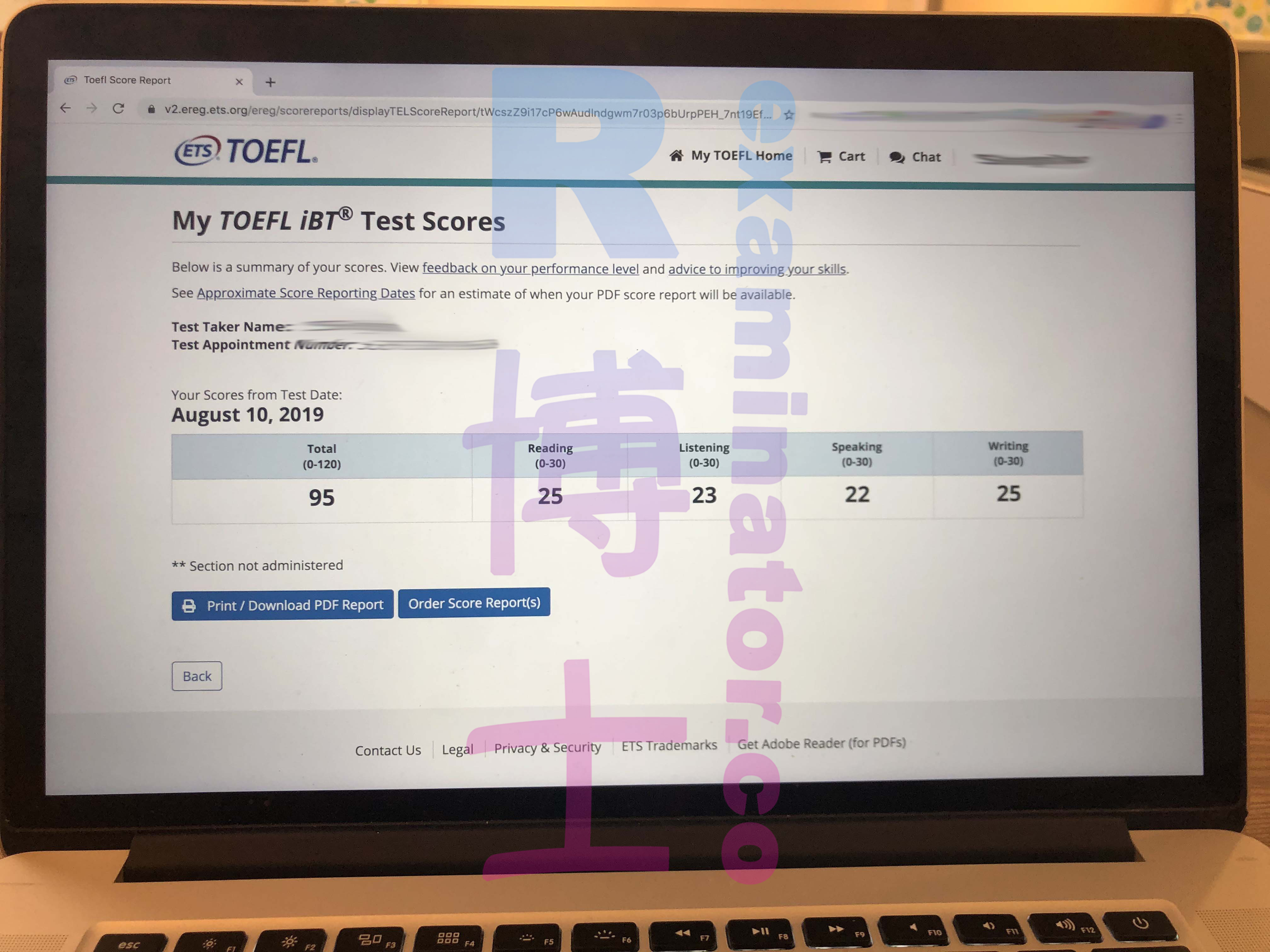TOEFL exam surrogate score: 95 points on 2019.08.10
