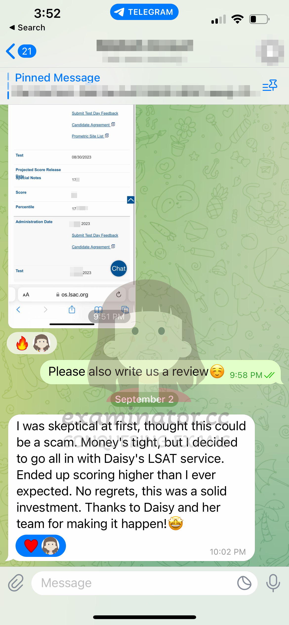 LSAT代考保分成功案例#571的与客户对话截图