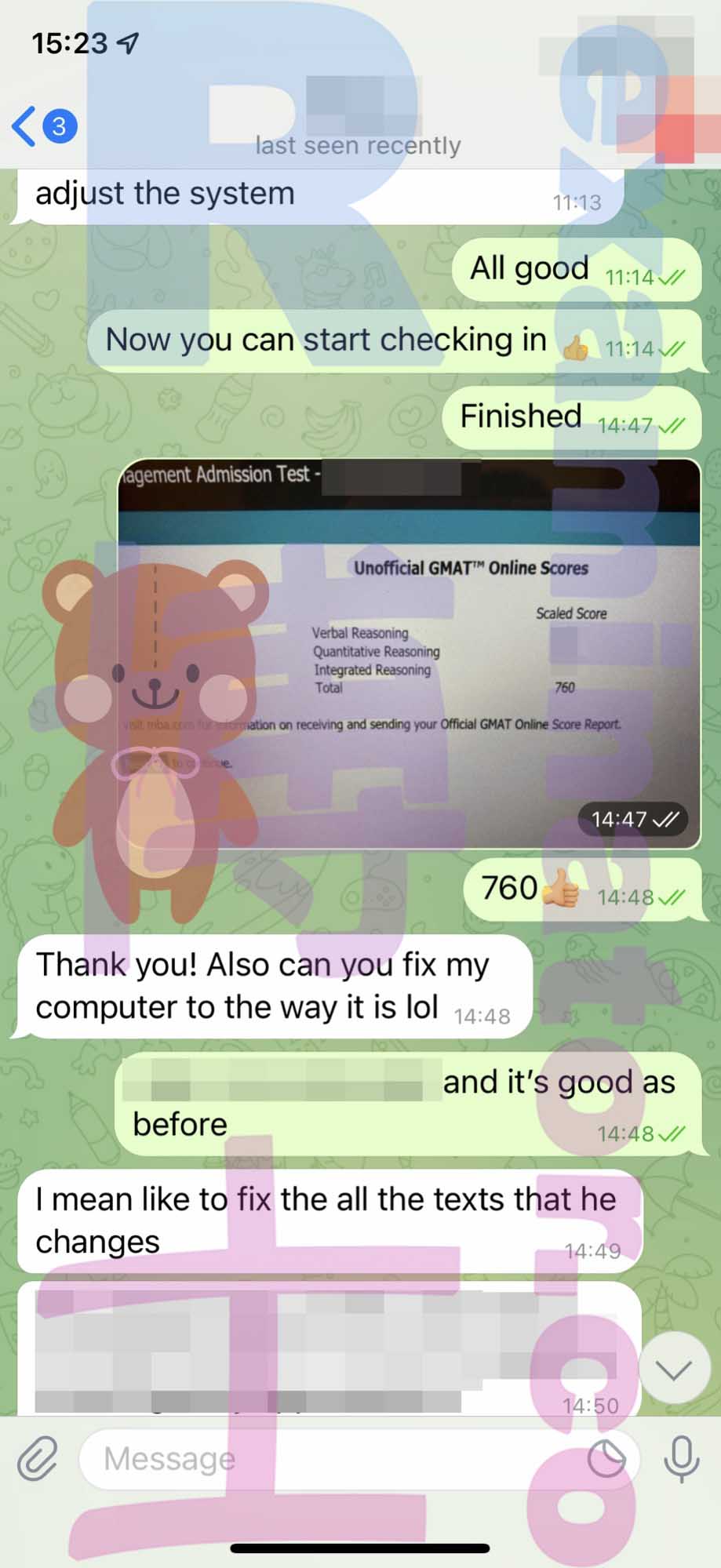 GMAT代考保分成功案例#313的与客户对话截图