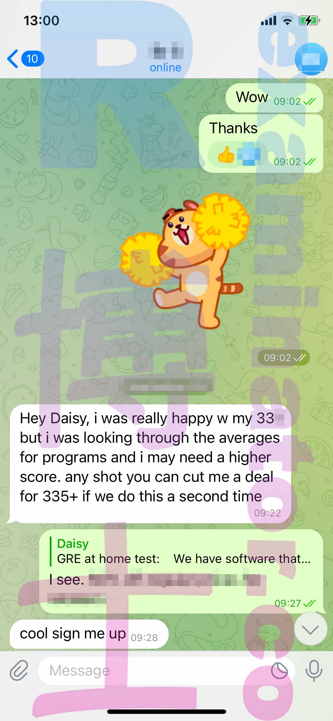 GRE代考保分成功案例#438的与客户对话截图