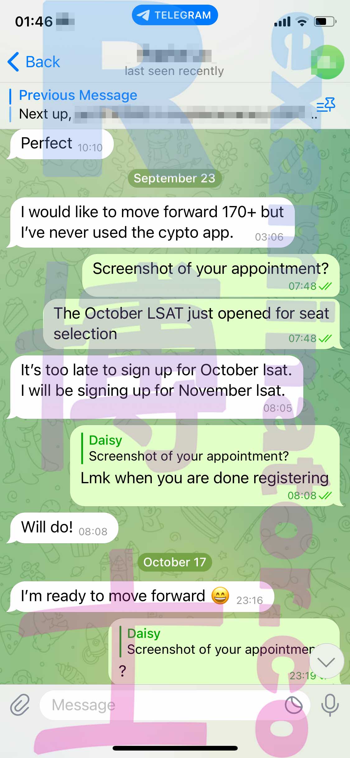 LSAT代考保分成功案例#423的与客户对话截图