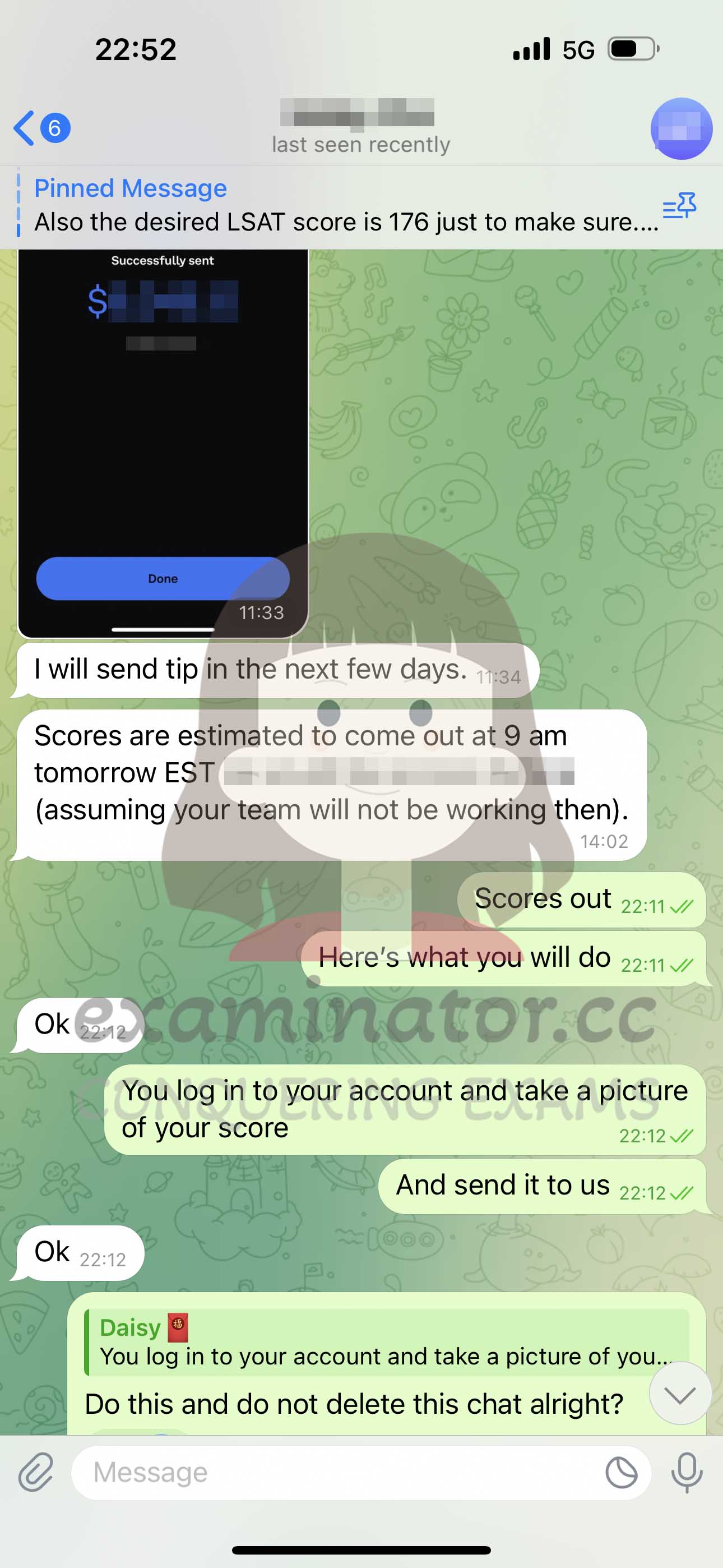 LSAT代考保分成功案例#598的与客户对话截图