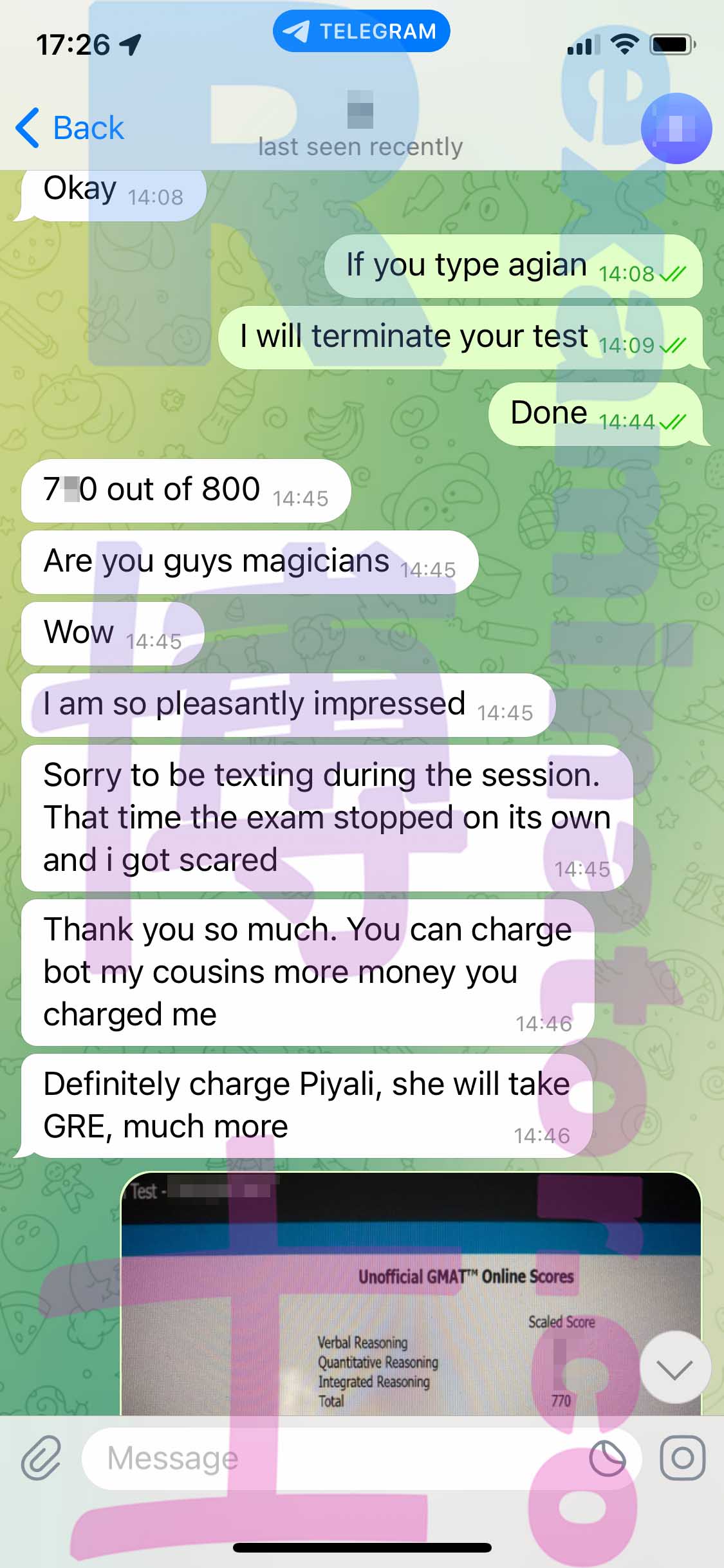 GMAT代考保分成功案例#397的与客户对话截图