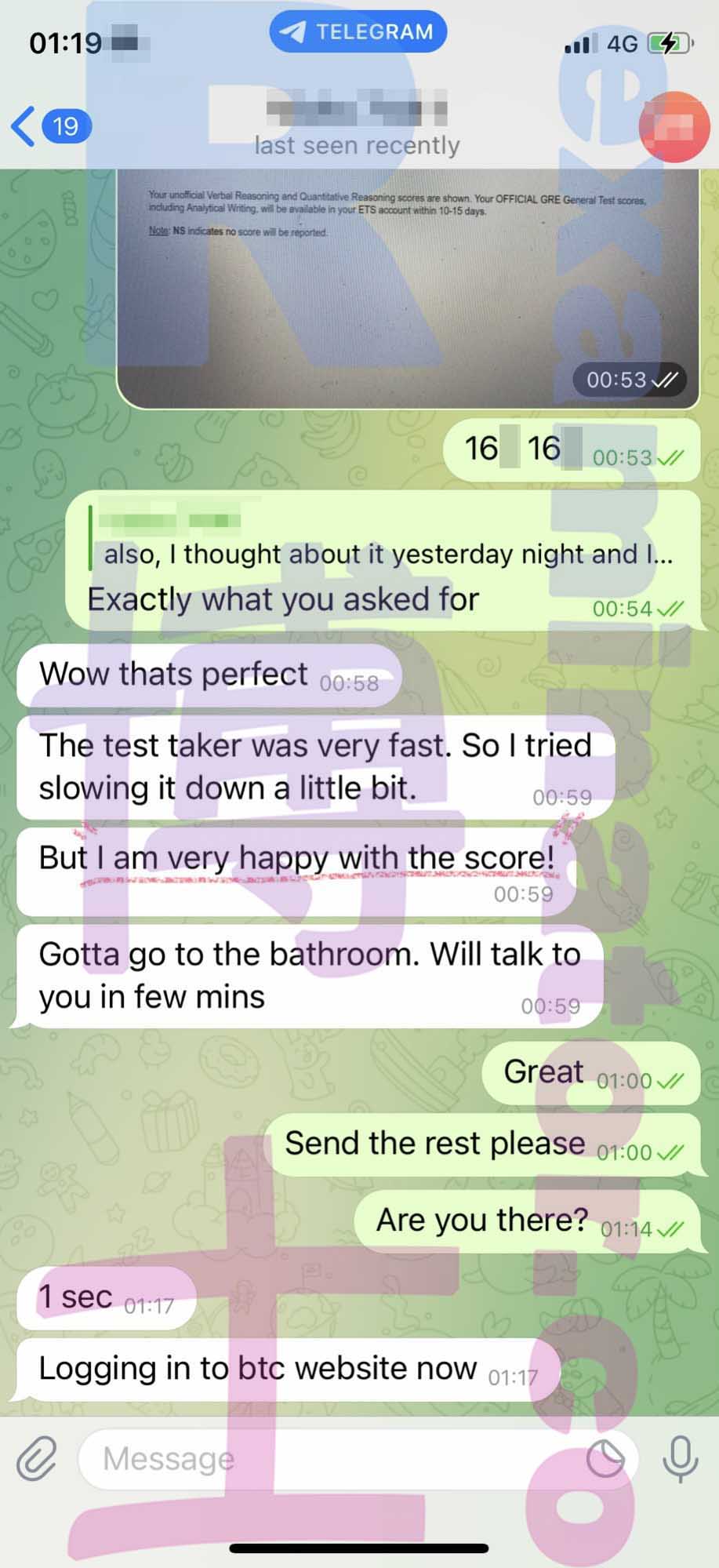 GRE代考保分成功案例#353的与客户对话截图