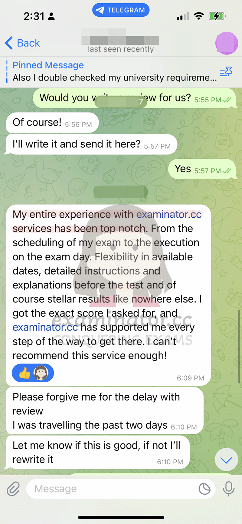 GRE代考保分成功案例#660的与客户对话截图