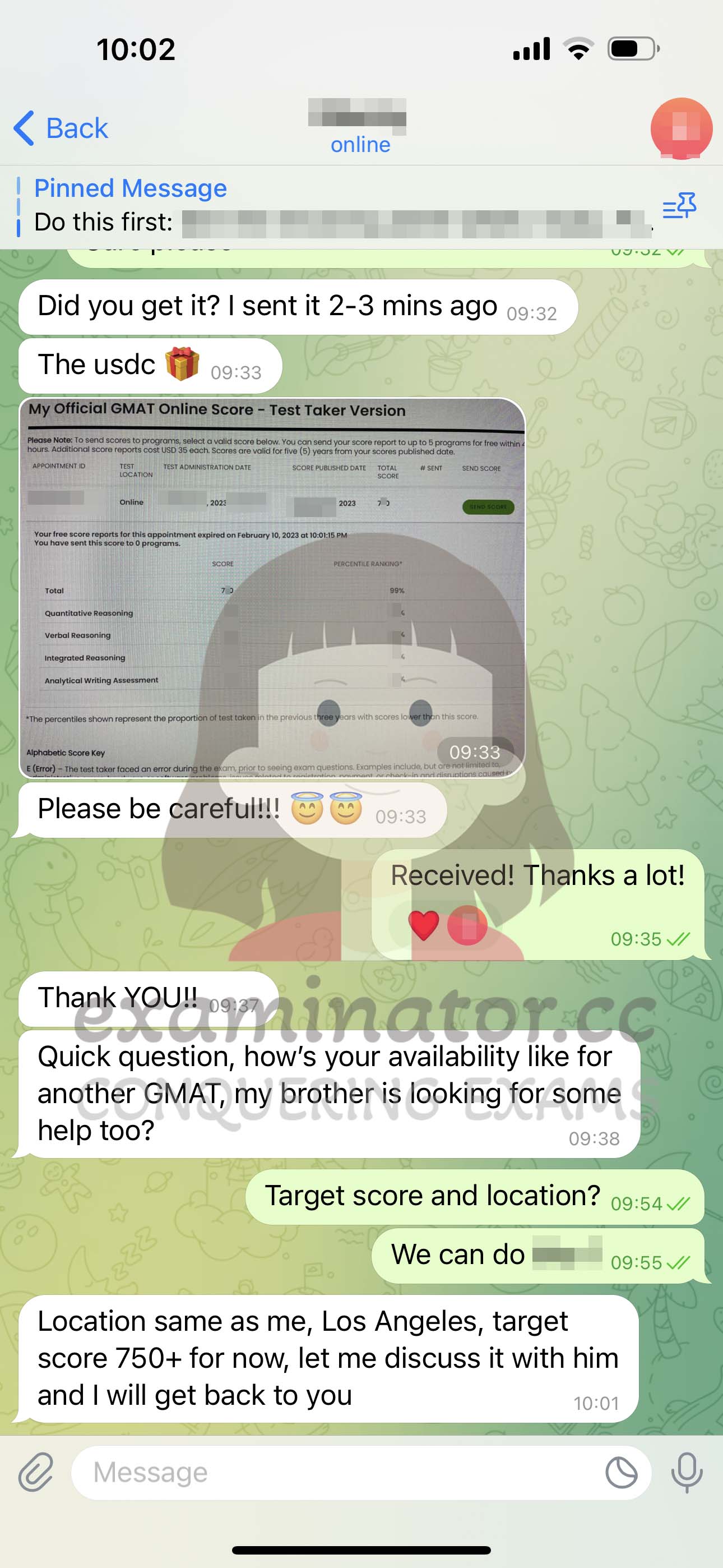 GMAT代考保分成功案例#582的与客户对话截图