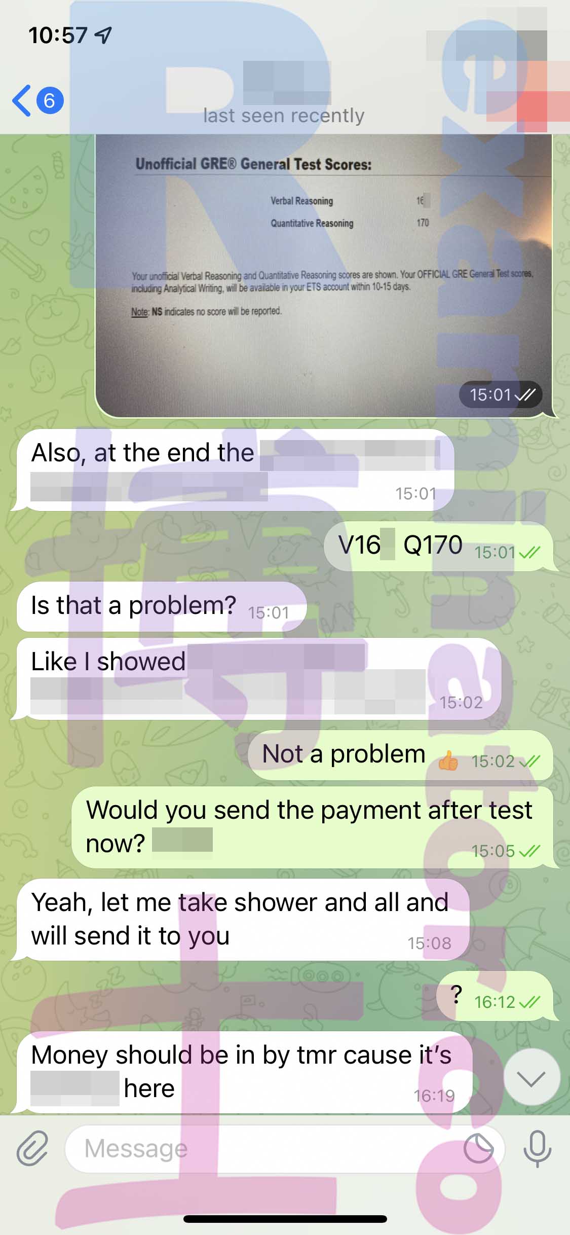GRE代考保分成功案例#312的与客户对话截图