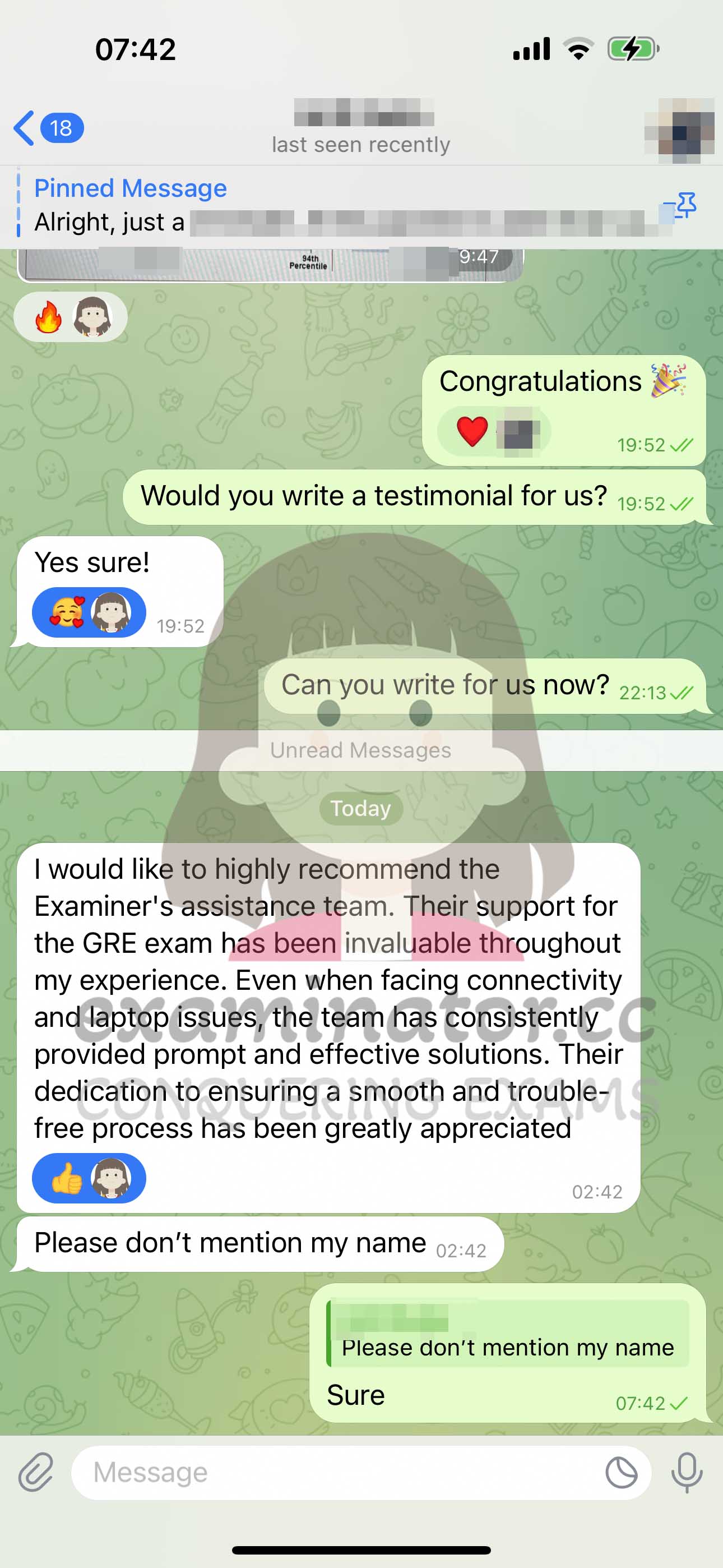 GRE代考保分成功案例#607的与客户对话截图