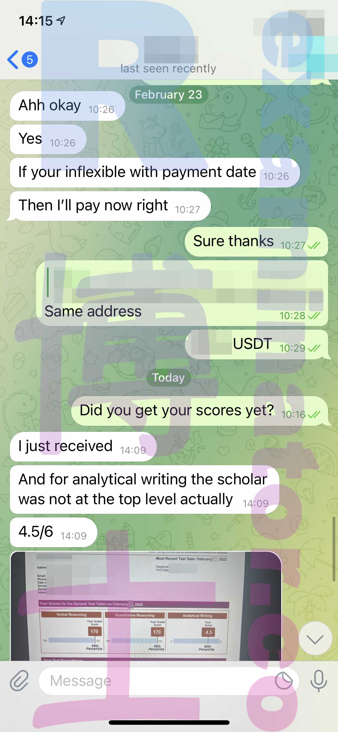 GRE代考保分成功案例#278的与客户对话截图
