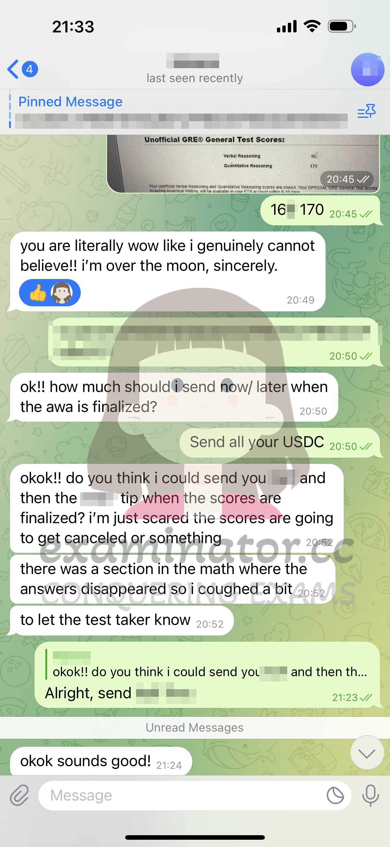GRE代考保分成功案例#611的与客户对话截图