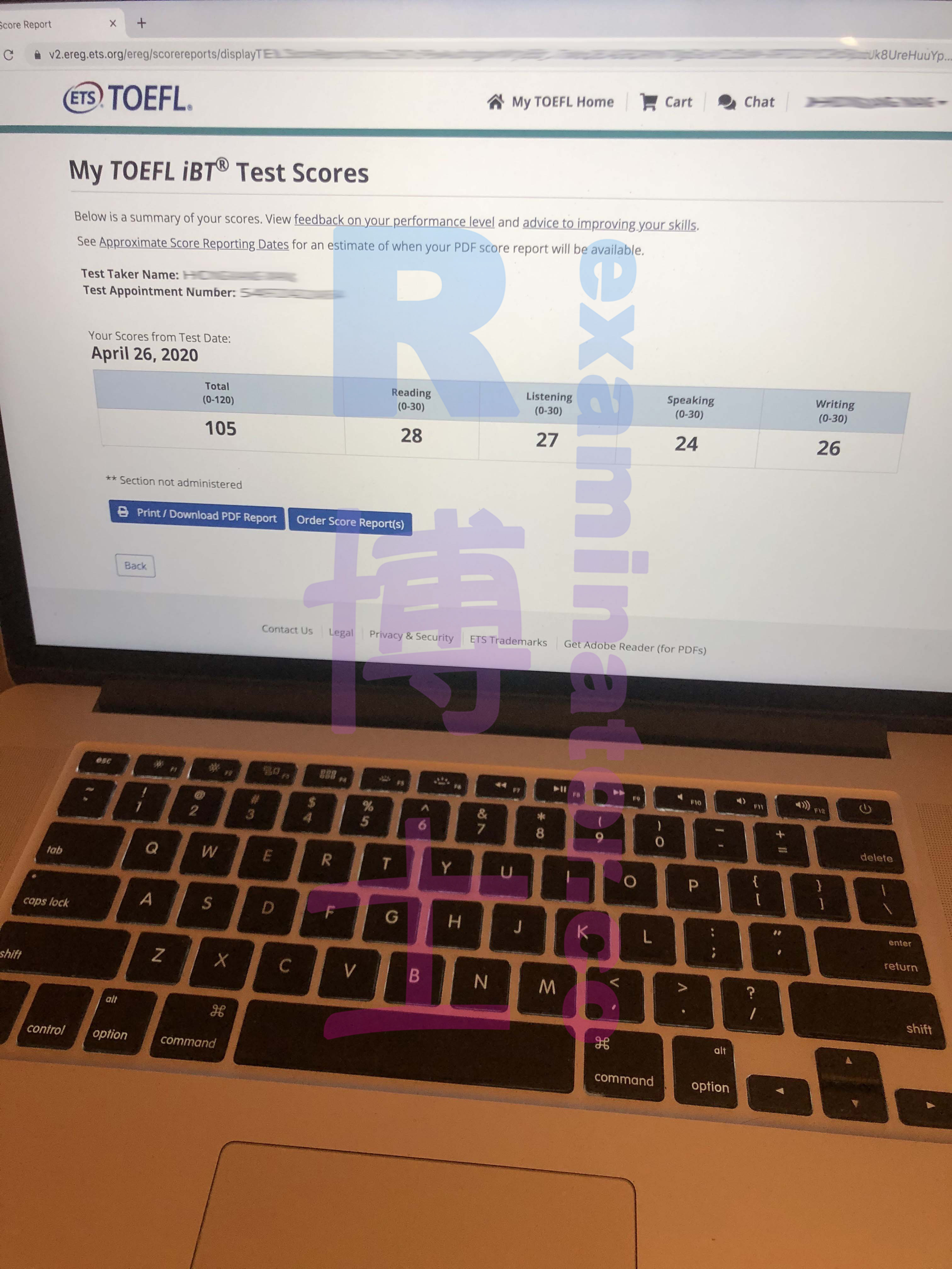 April 26, 2020, TOEFL proxy test, 105 points
