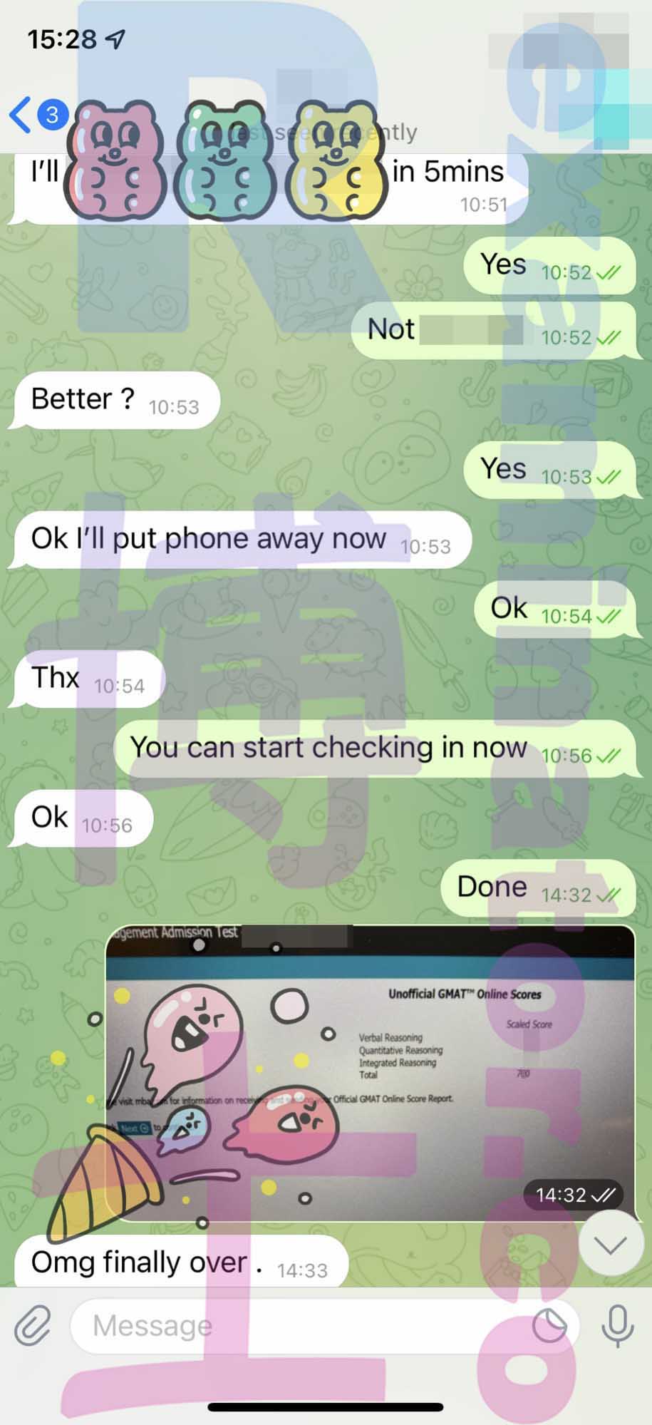 GMAT代考保分成功案例#297的与客户对话截图