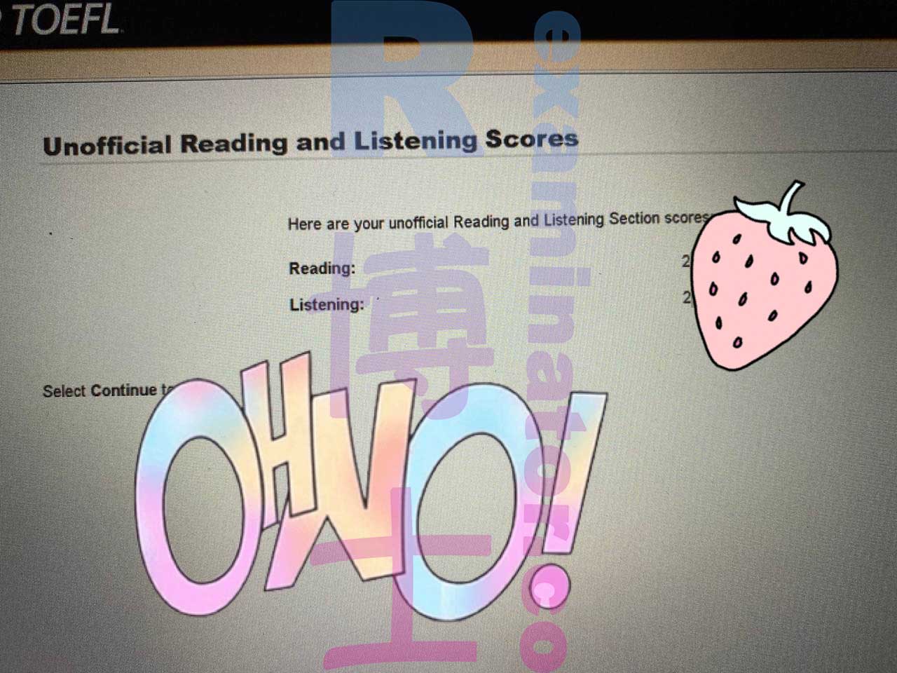 (Chinese) When we ask you to take an Internet speed test, we mean testing the internet speed at the testing environment you will take your exam in😥  The customer showed us good speed test results taken at home and went on to take the actual exam at another venue with a significantly slower Internet speed.😥😥  With off and on connection, a normally 3-hour long TOEFL exam became 5 hours long.  Fortunately, we hit the Reading score of 2X and Listening 2X after the whole ordeal!