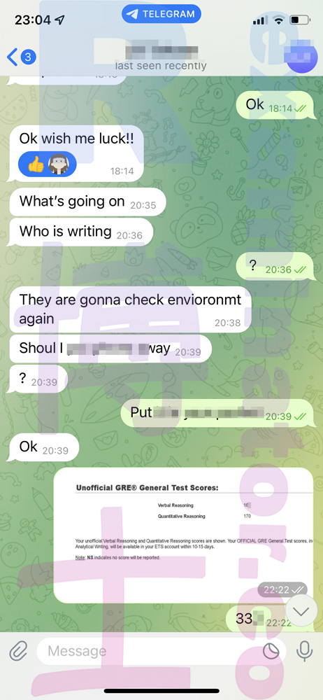 GRE代考保分成功案例#455的与客户对话截图