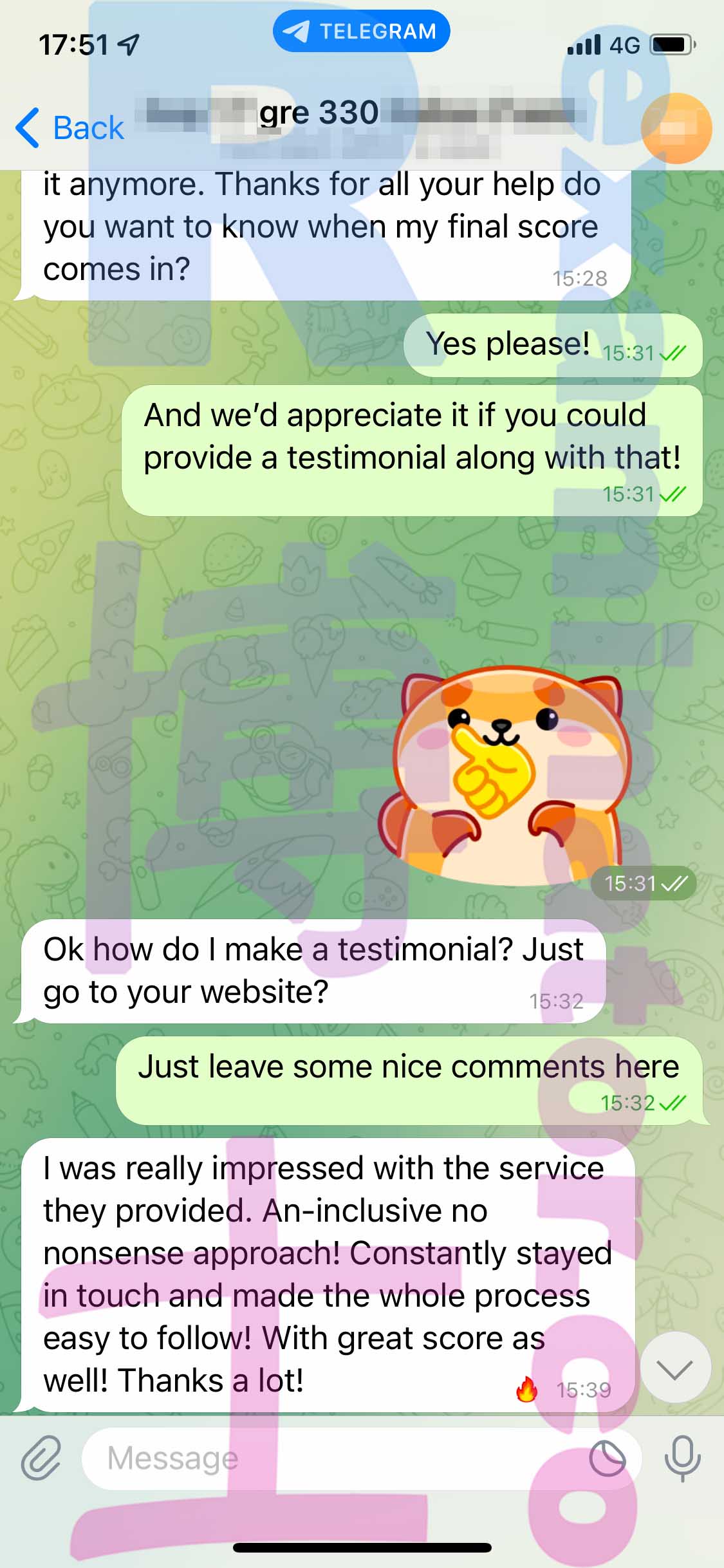 GRE代考保分成功案例#378的与客户对话截图