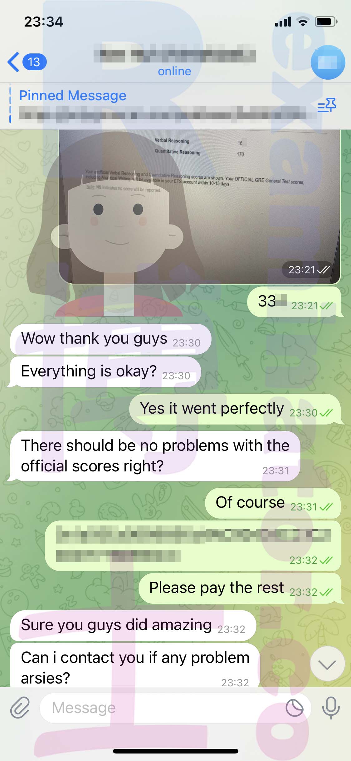 GRE代考保分成功案例#498的与客户对话截图