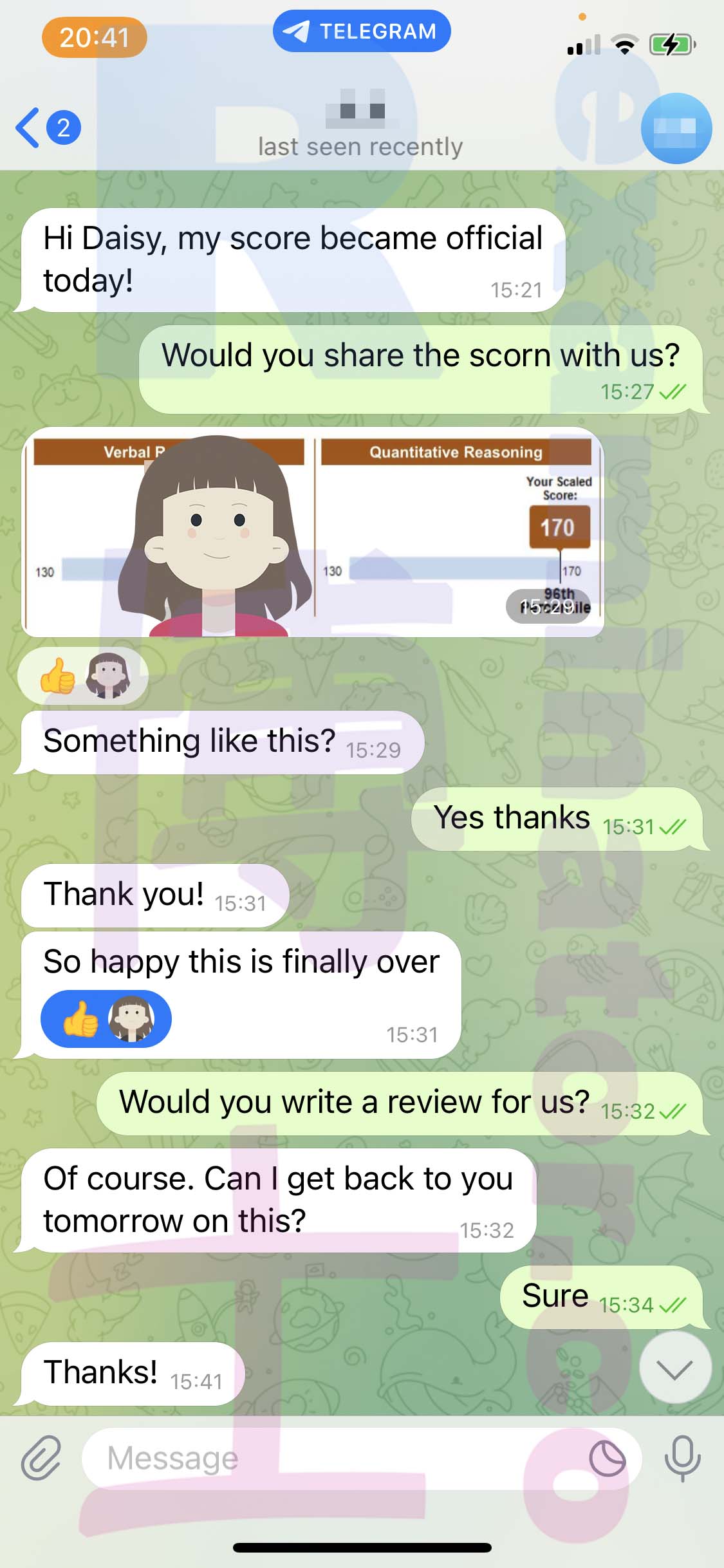 GRE代考保分成功案例#477的与客户对话截图