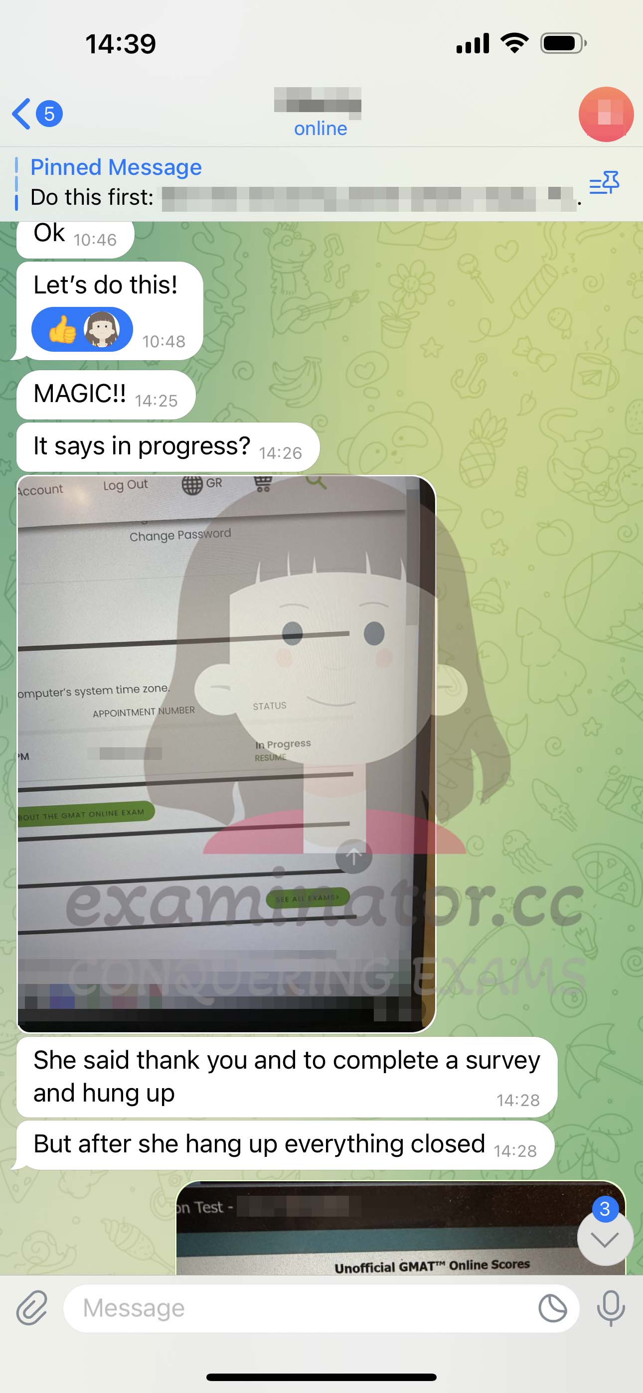 GMAT代考保分成功案例#564的与客户对话截图