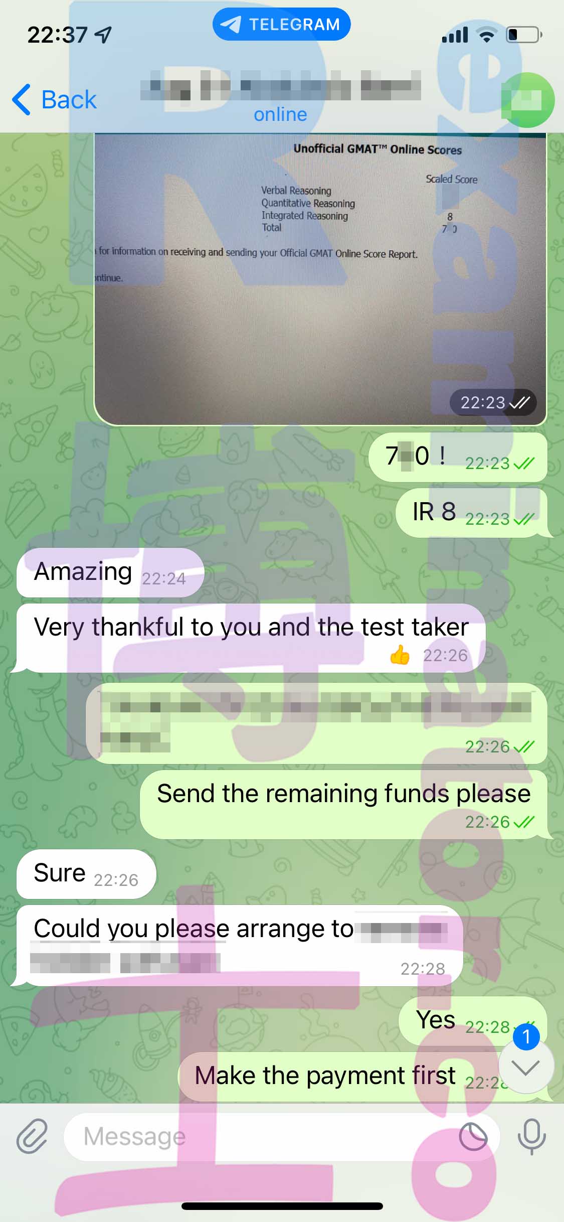 GMAT代考保分成功案例#392的与客户对话截图