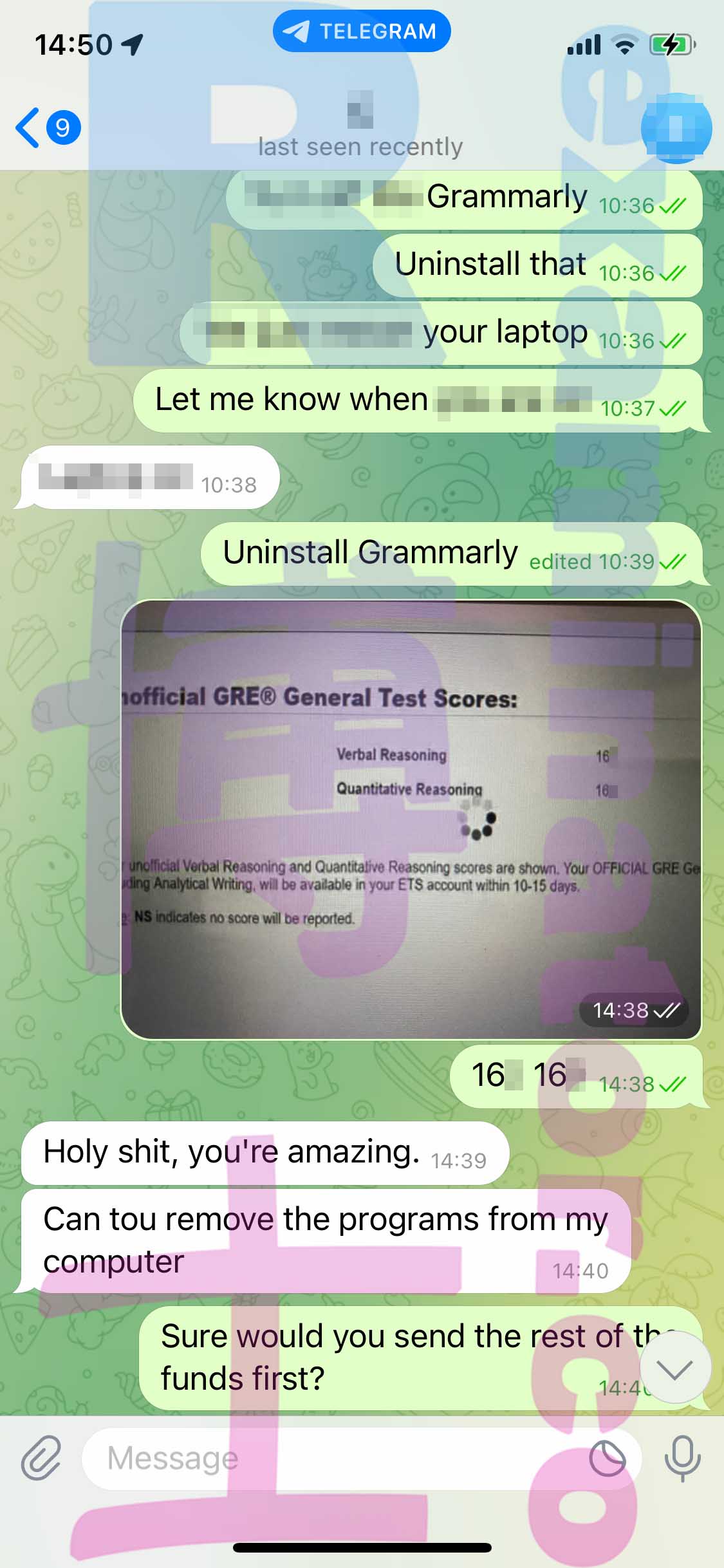 GRE代考保分成功案例#436的与客户对话截图