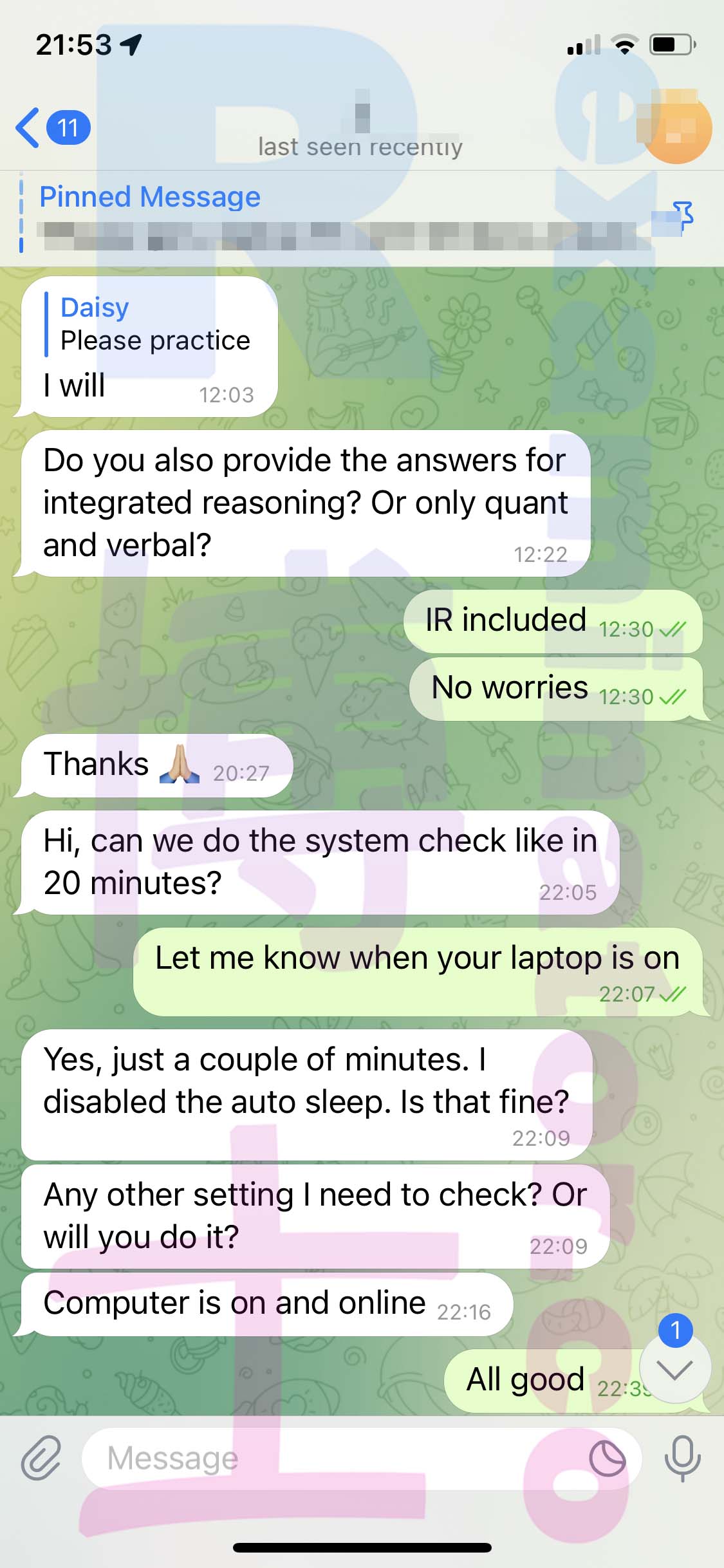 GMAT代考保分成功案例#459的与客户对话截图