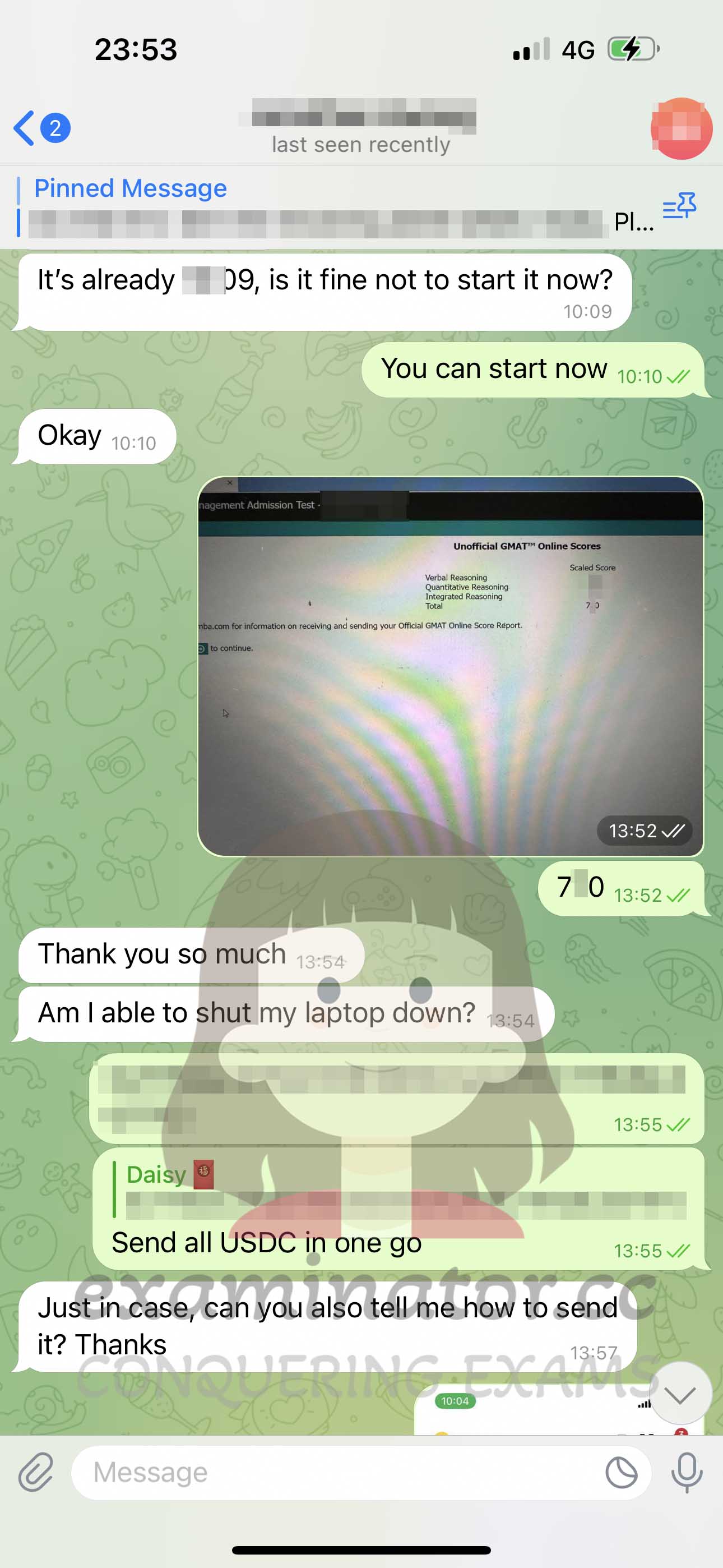 GMAT代考保分成功案例#603的与客户对话截图