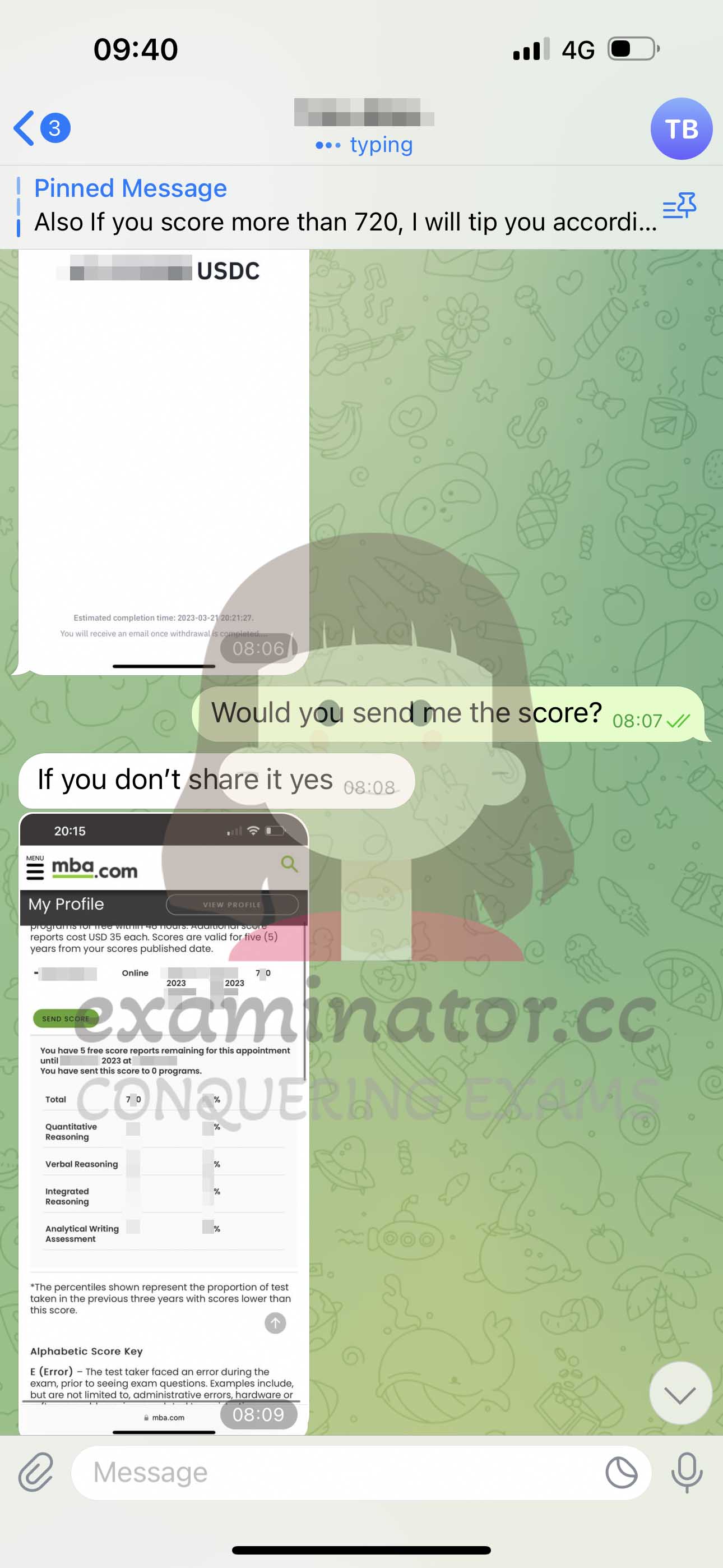 GMAT代考保分成功案例#600的与客户对话截图