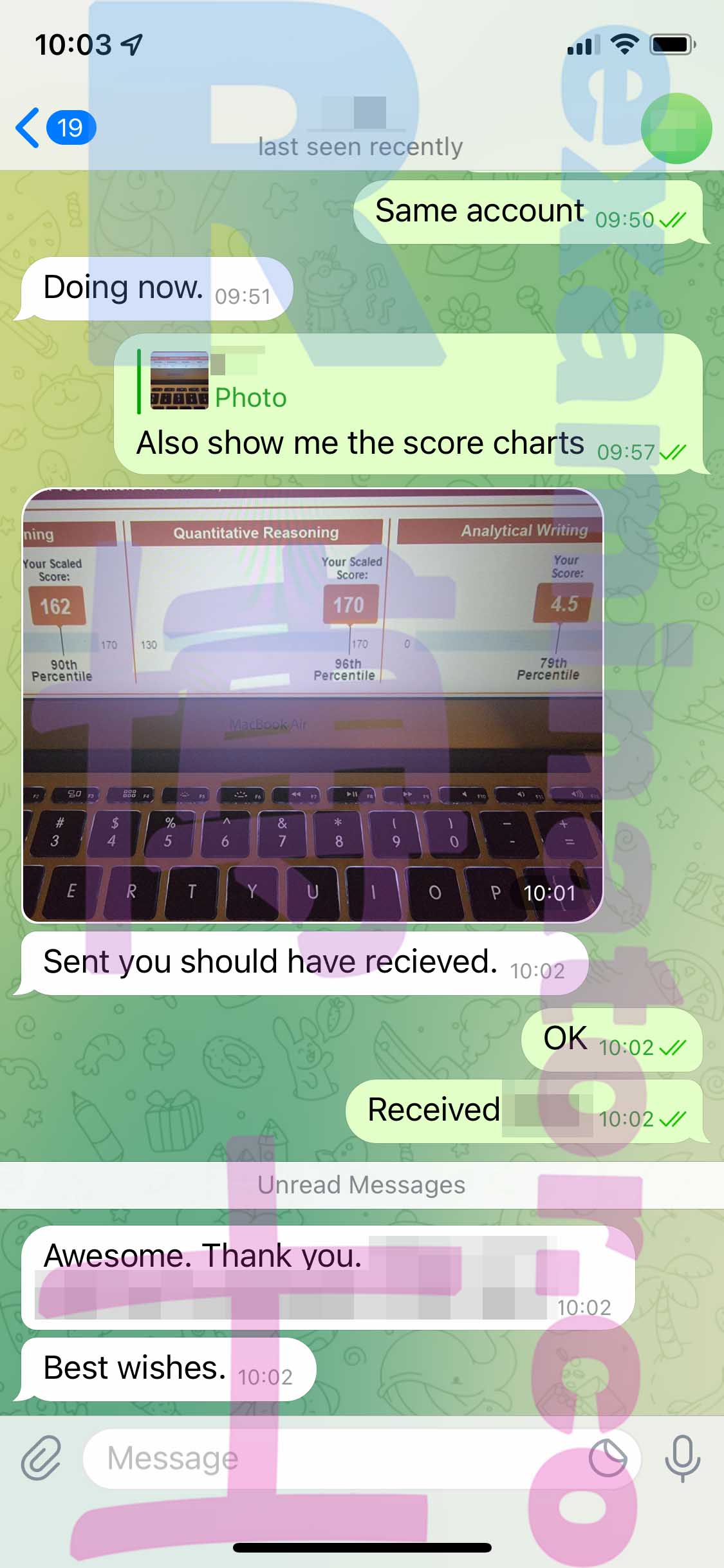 GRE代考保分成功案例#349的与客户对话截图