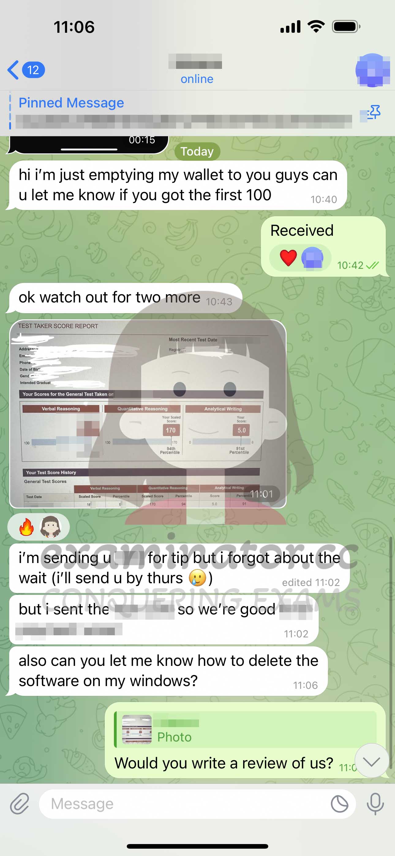 GRE代考保分成功案例#616的与客户对话截图