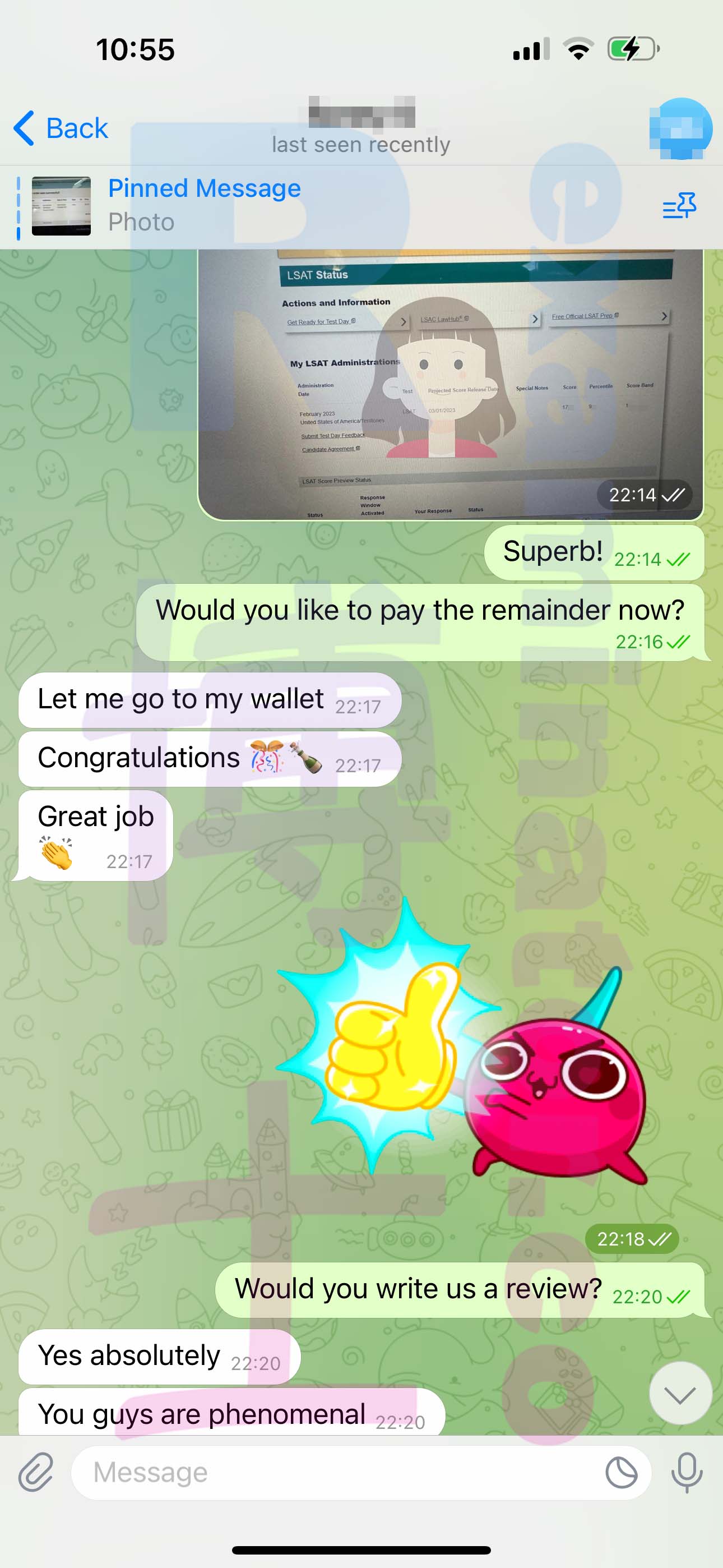LSAT代考保分成功案例#482的与客户对话截图