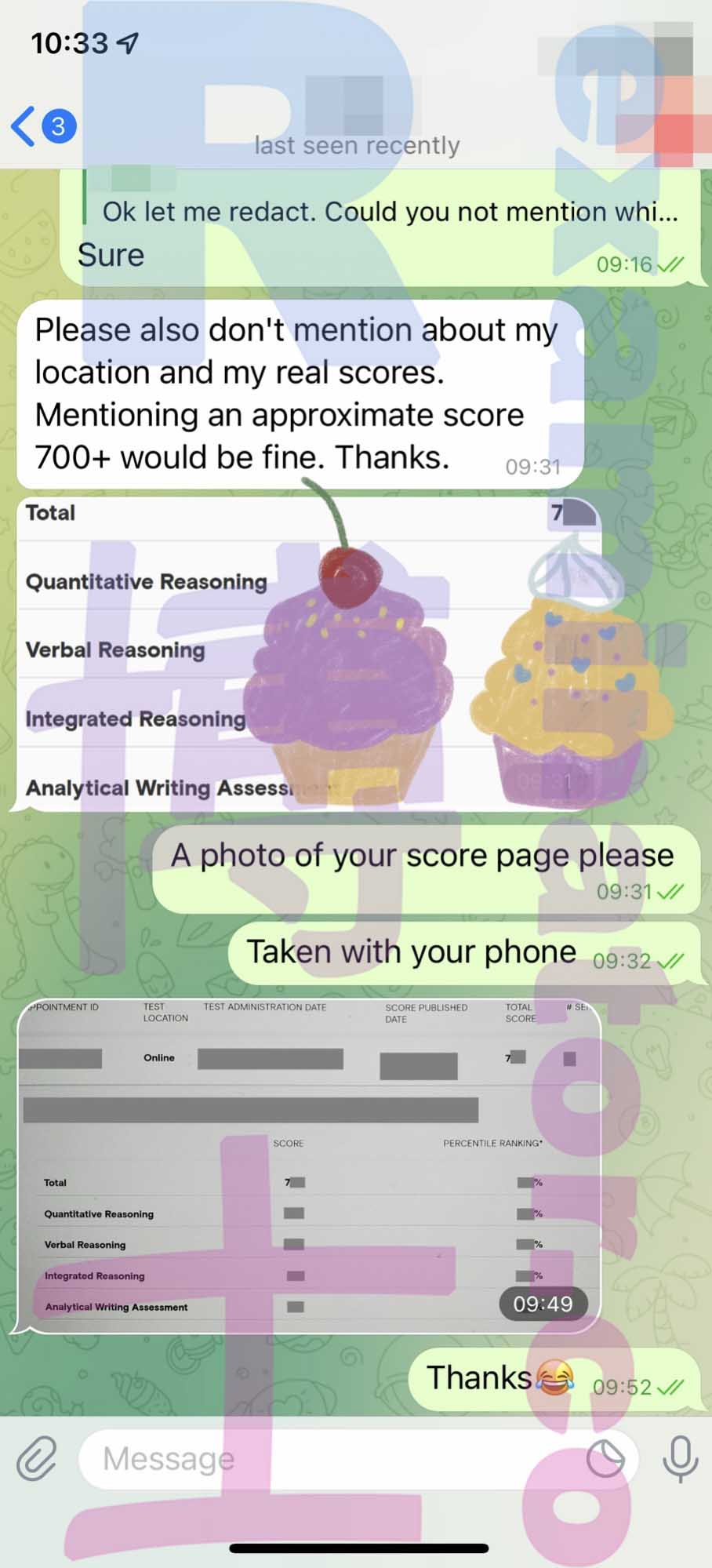 GMAT代考保分成功案例#296的与客户对话截图