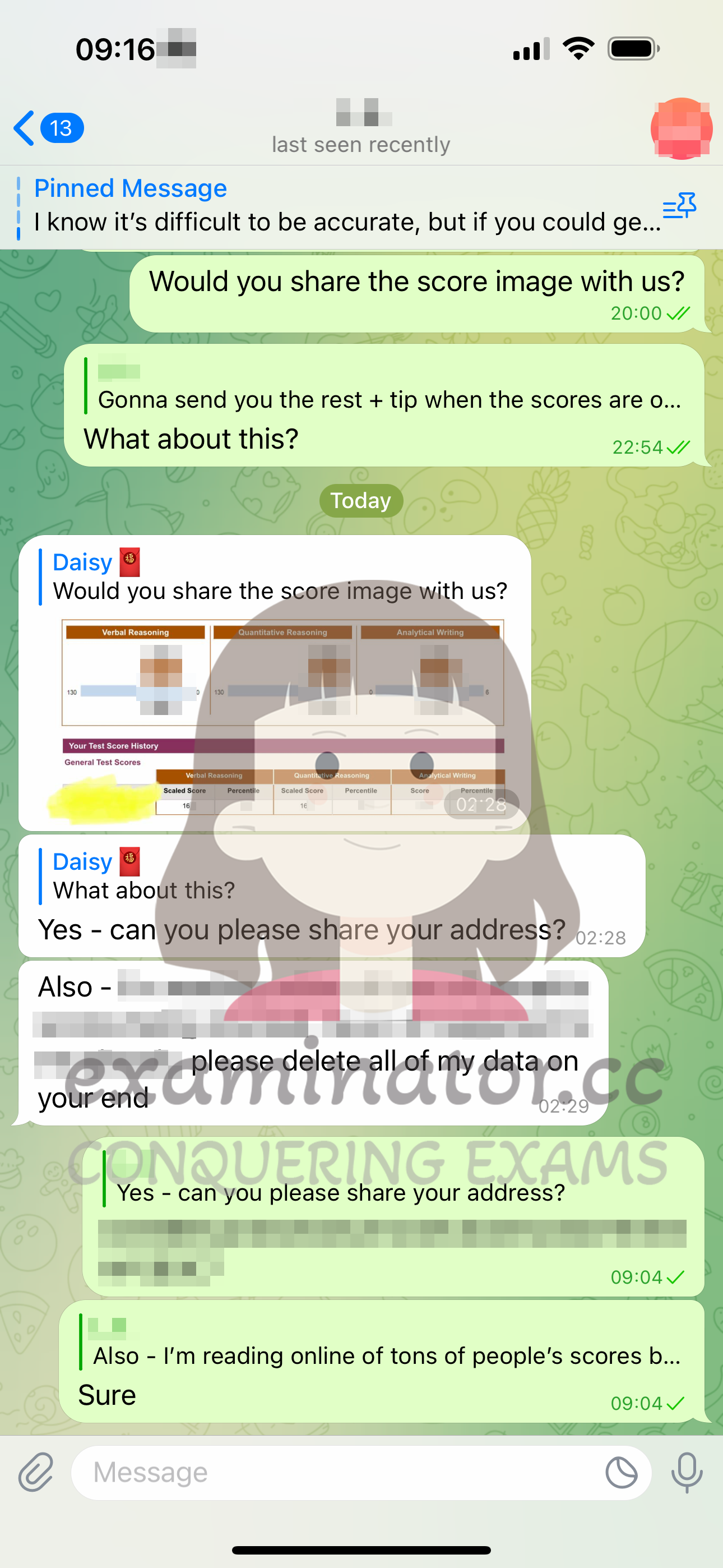 GRE代考保分成功案例#555的与客户对话截图