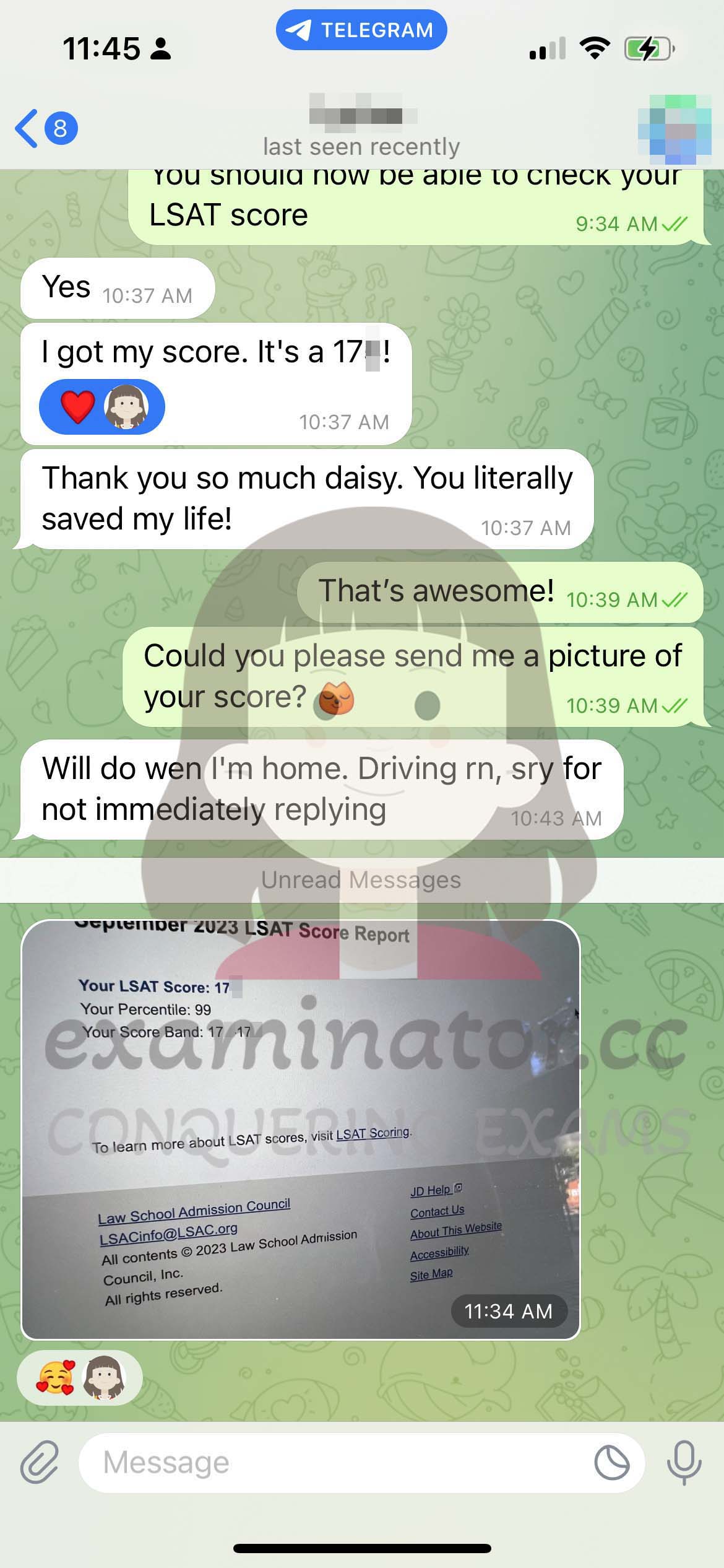 LSAT代考保分成功案例#580的与客户对话截图